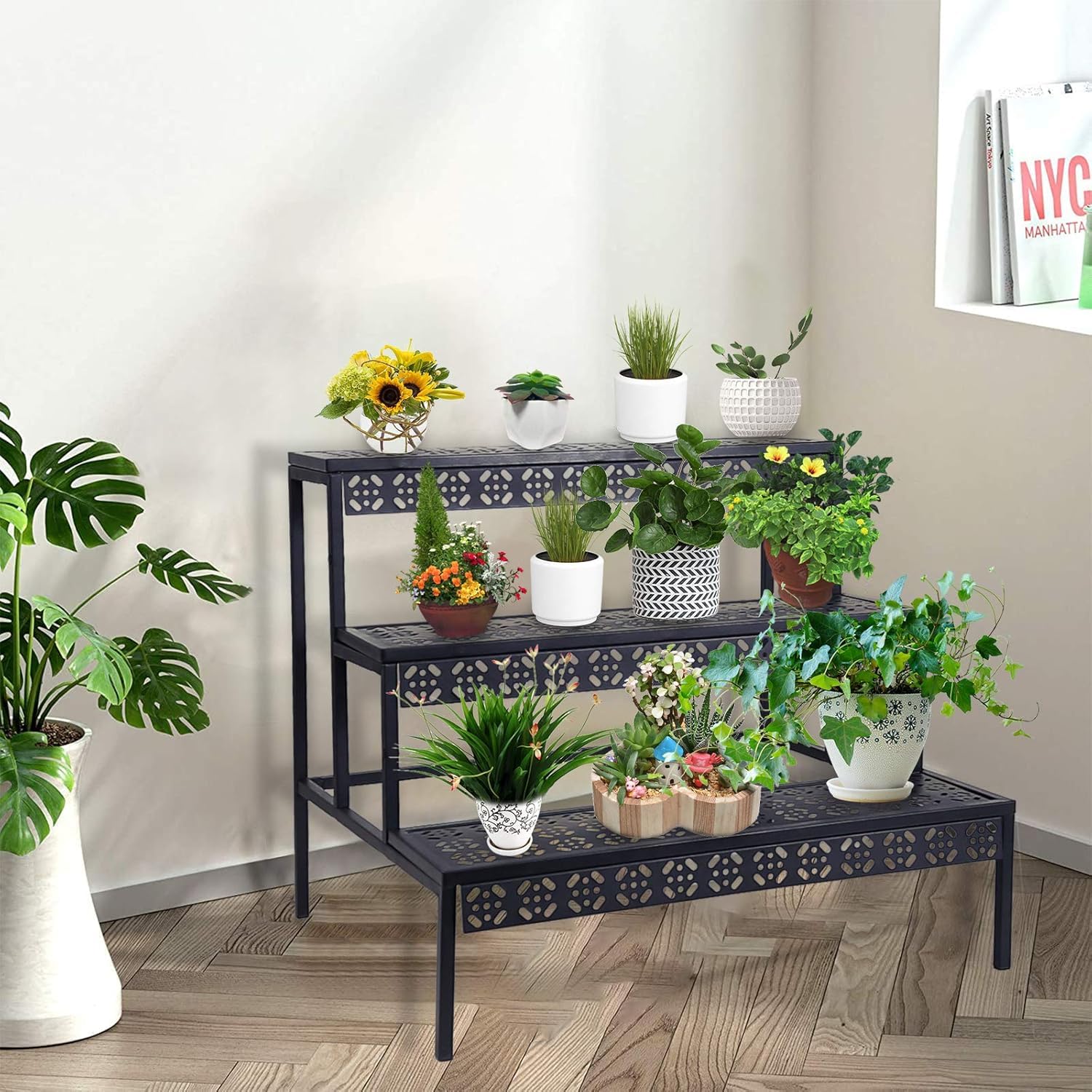 Blumenständer, Pflanzenregal aus Metall, 3 Stufen Pflanzenständer, Blumentreppe mit Großer Kapazität, Blumenregal für Outdoor Indoor Balkon Garten, Modernes Regal für Zimmerpflanzen (Schwarz)