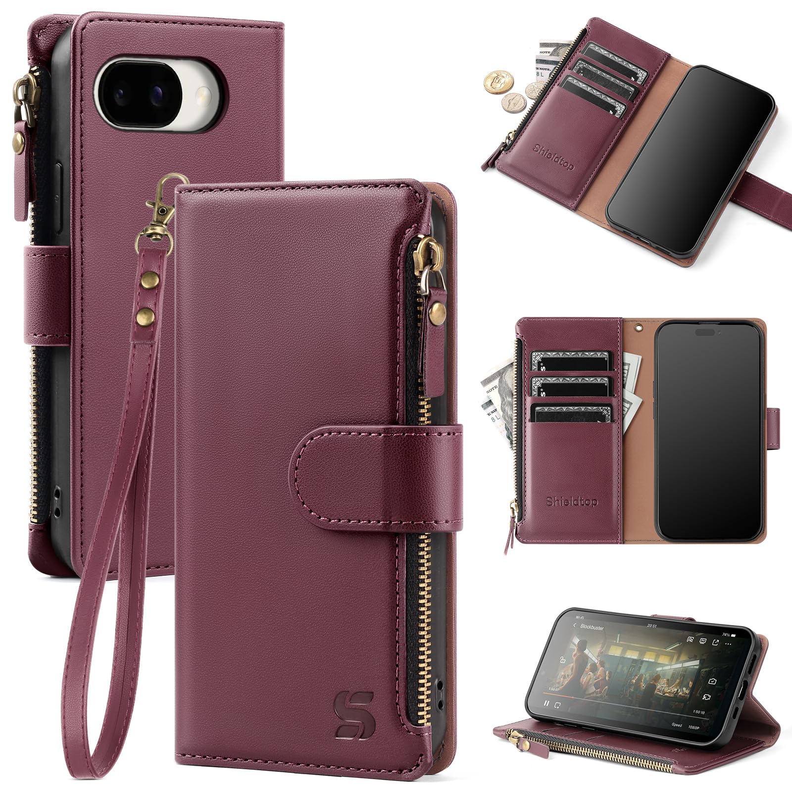 Shieldtop Compatible with Google Pixel 9a Wallet Case with Card Holder,Women Men RFID Blocking PU Leather Flip Cover Wrist Strap Zipper Credit Card