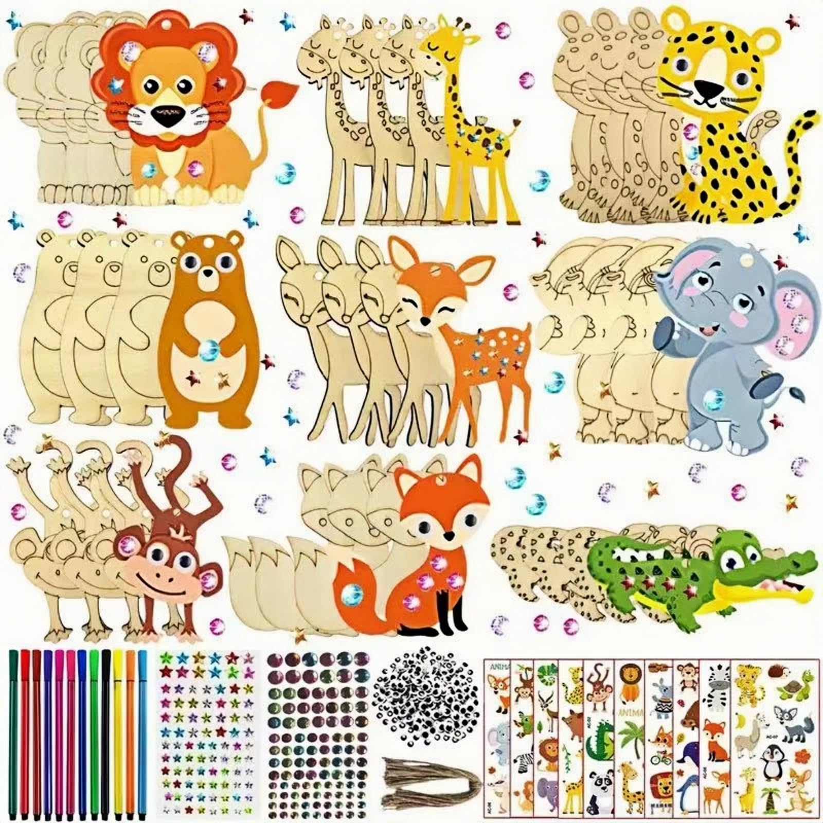 27PCS DIY Wooden Painting Crafts Set for Kids – Unfinished Animal Wood Ornaments with Paint Pens & Stickers, Creative Family Art Activity, Home &