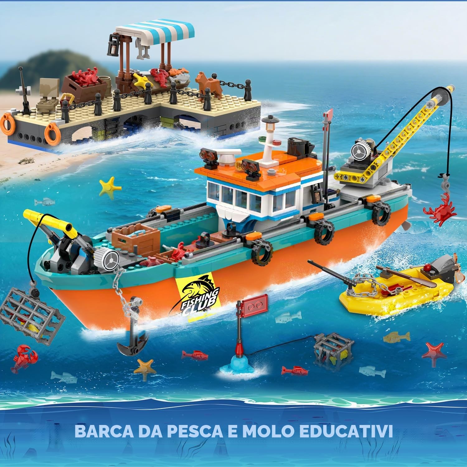 HiWEEGO Città barca da pesca cantiere navale – kit costruzione galleggiante oceano gru container, giocattolo regalo compleanno 6 7 8+