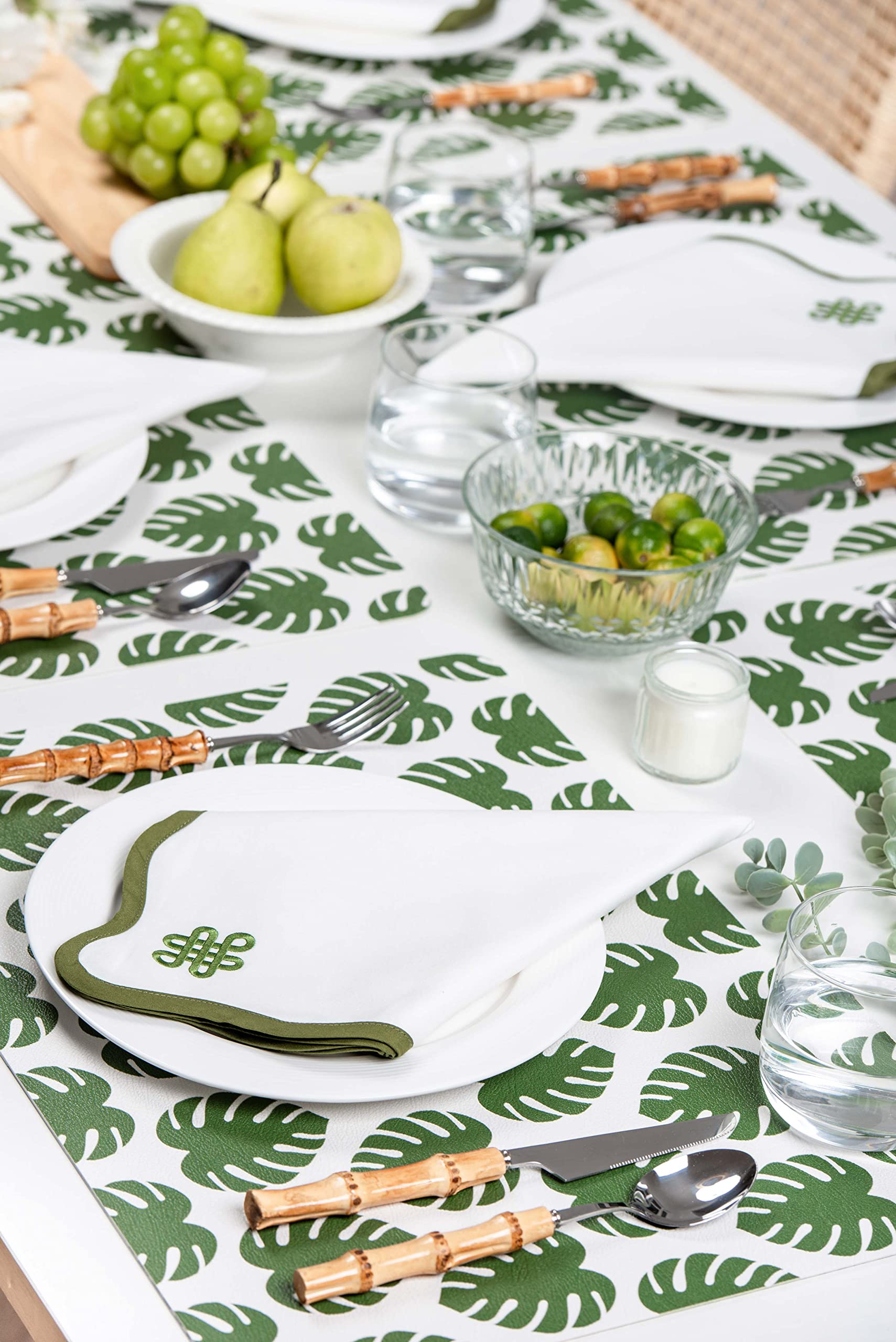Hofdeco Premium Coastal Cotton Cloth Napkins Set of 4, 20”x20” Washable Fabric for Beach House Decor, Green Embroidered Endless Knot