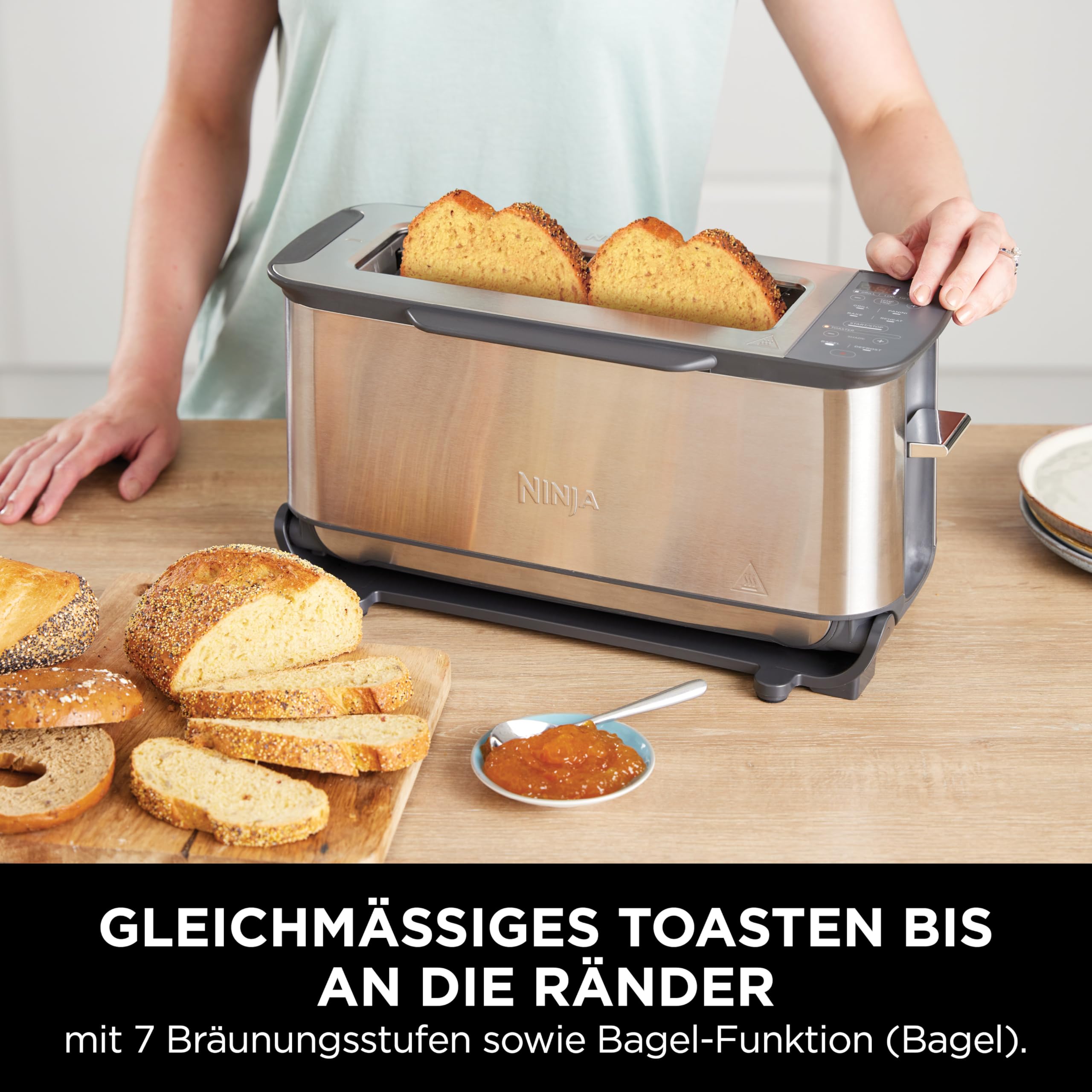 Ninja Foodi 3-in-1 Toaster, Elektrogrill mit Deckel, Panini-Presse mit Flip-Design, 7 Kochfunktionen, 7 Toastlinien, Backblech und Krümelschale, Edelstahl, ST202EU