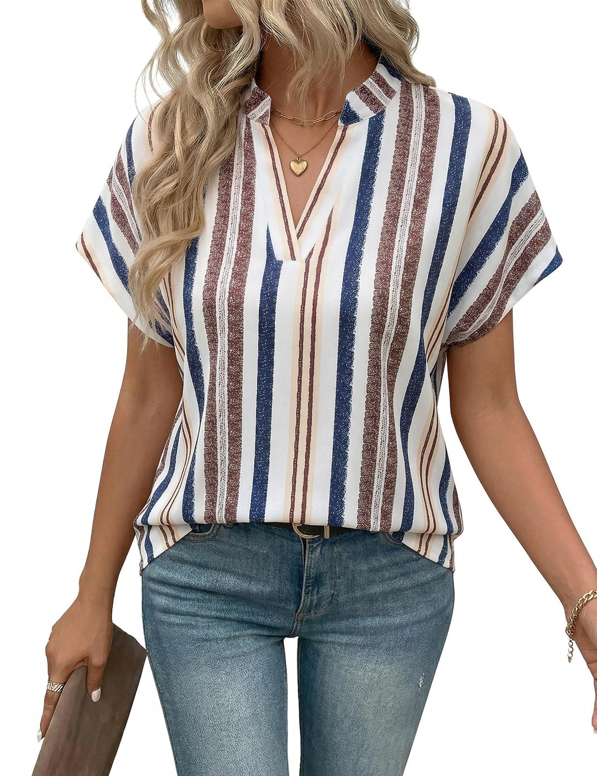 Fashora Bluse Damen Sommer Elegant V Ausschnitt Hemdbluse Gestreifte Chiffon Kurzarm Shirts Oberteile Casual Lockere Blusen Basic Blusenshirt Tunika Tops