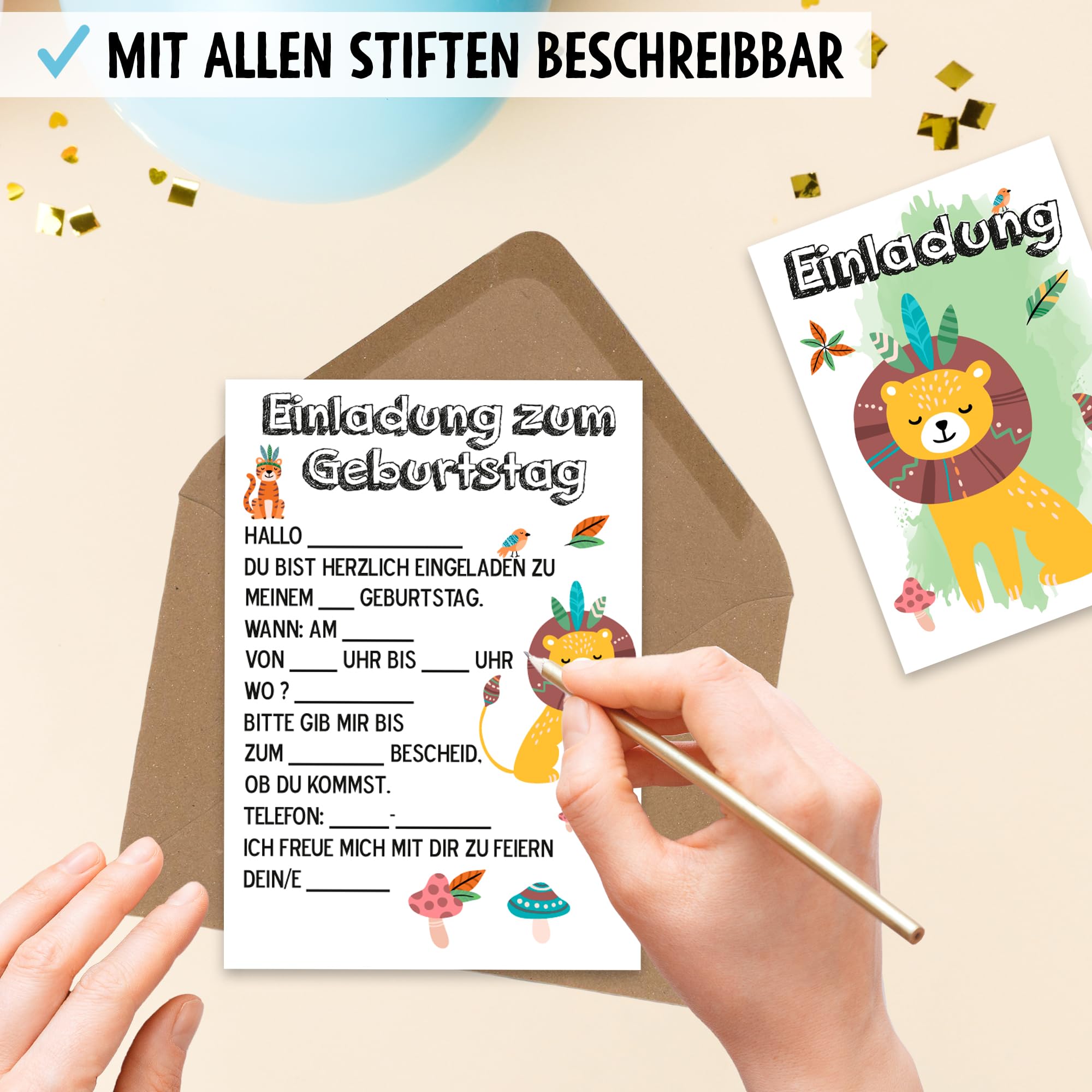 OWLBOOK Löwe Boho 50 Einladungskarten Kindergeburtstag Junge Mädchen Kinder - Wilde Tiere Geburtstag - Kindergeburtstagseinladungen Wald Tiere Zoo Dschungel Einladungen zum Ausfüllen mit