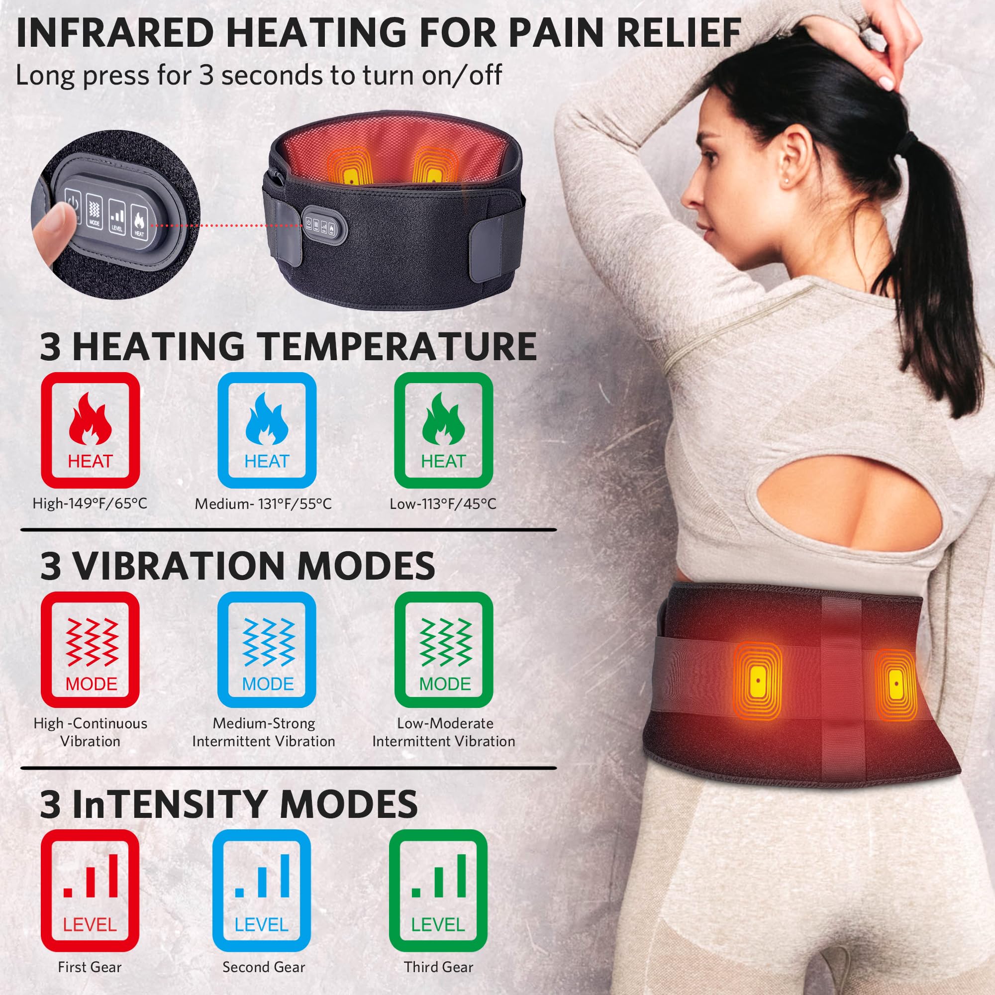 Wärmegürtel Vibrationsmassage für den Rücken mit 5000 mAh Akku, 138 x 20 cm Kabelloser Heizgürtel mit verstellbarem Spannband, 3 Heizstufen & 4-Modus Massagegerät Automatische Abschaltung Rückenwärmer