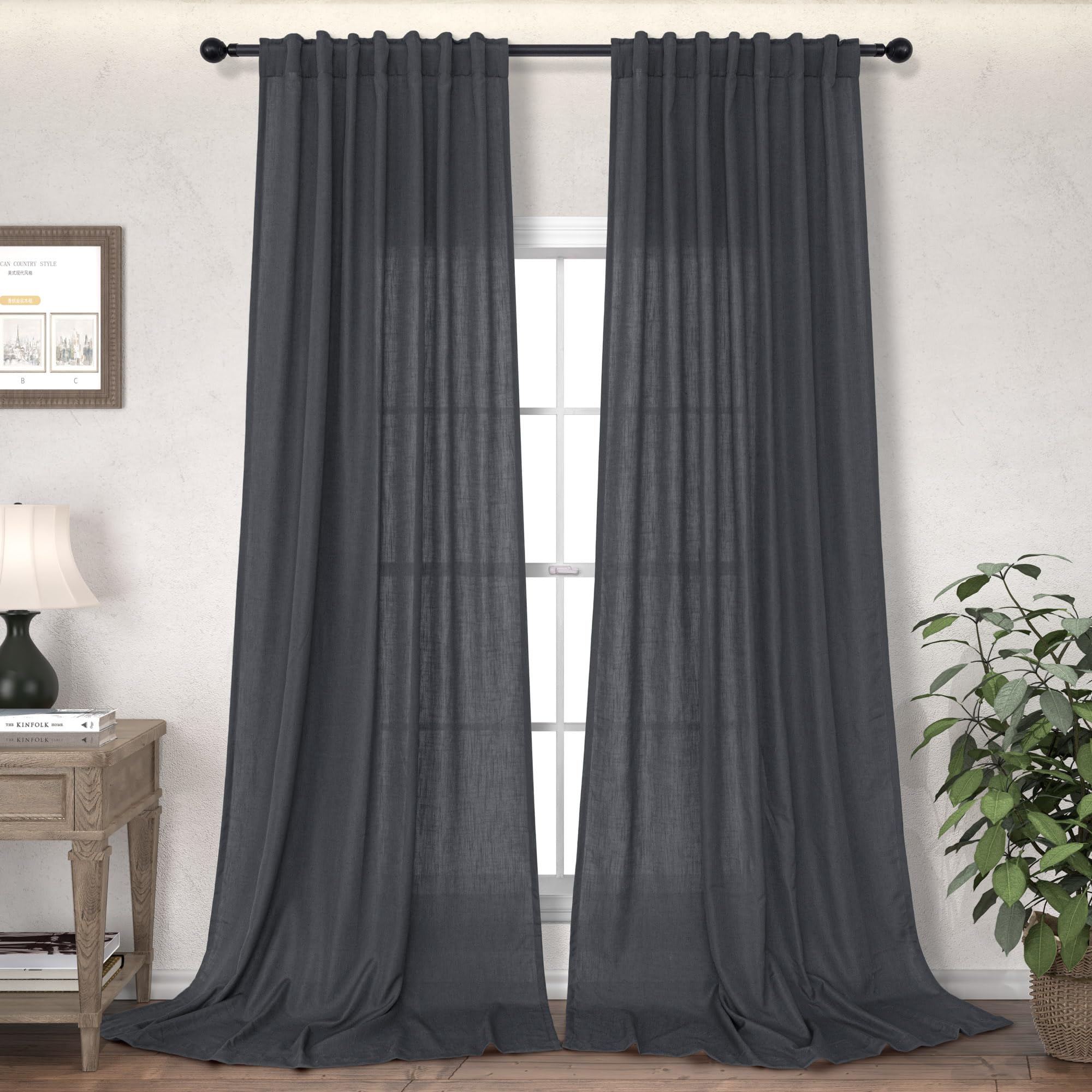 Dark Grey Curtains 96 Inches Long for Living Room 2 Panels Back Tab Pocket Light Reducing Semi Sheer Privacy Opaque Charcoal Gray Linen Curtains for