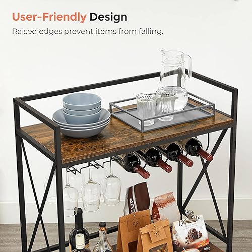 Miniatura 8 de VASAGLE Carrito de bar carrito de servir estante de cocina móvil con estante de vidrio para vasos y soportes para botellas de vino industrial marrón
