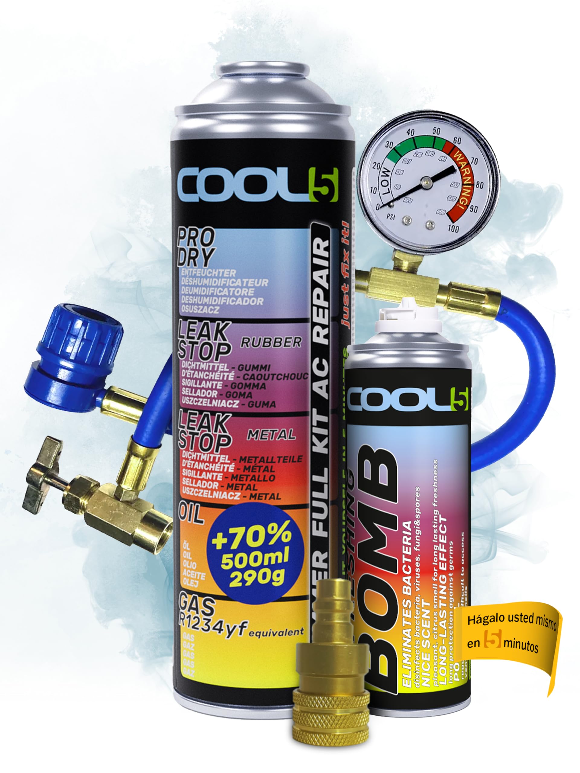 5in1 A/C Repair Kit Refrigerant Replacement R1234yf for A/C Filling in Cars After 2016 + Pressure Line with Pressure Gauge + Soda Pump + Adapter + APC 500ml