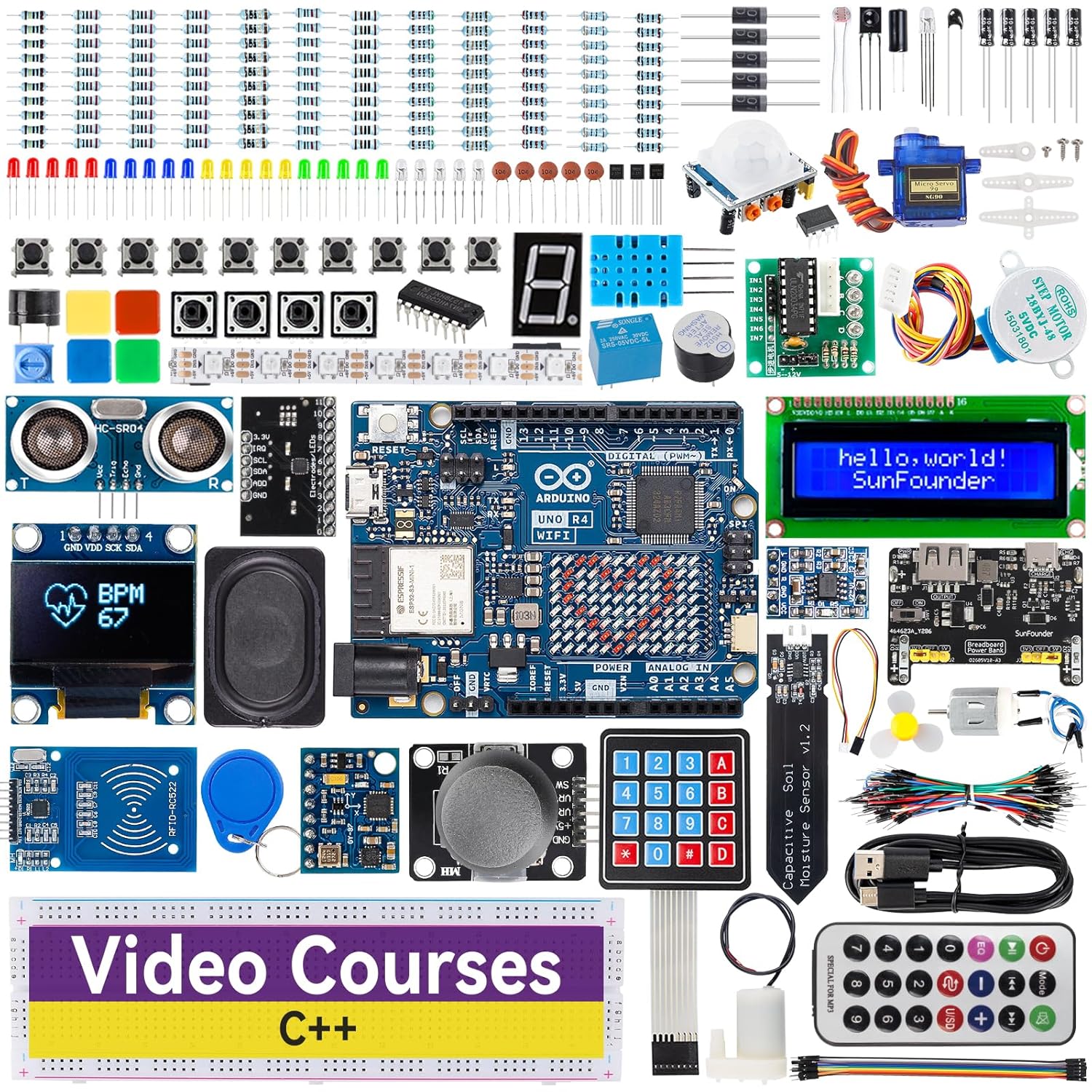 SunFounder Elite Explorer Kit with Original Arduino Uno R4 WiFi, RoHS Compliant, Bluetooth IoT ESP32 IIC LCD1602 OLED, Super Starter Kit, Online Tutorials & Video Courses for Beginners & Engineers SunFounder Elite Explorer Kit with Original Arduino Uno R4 WiFi, RoHS Compliant, Bluetooth IoT ESP32 IIC LCD1602 OLED, Super Starter Kit, Online Tutorials & Video Courses for Beginners & Engineers