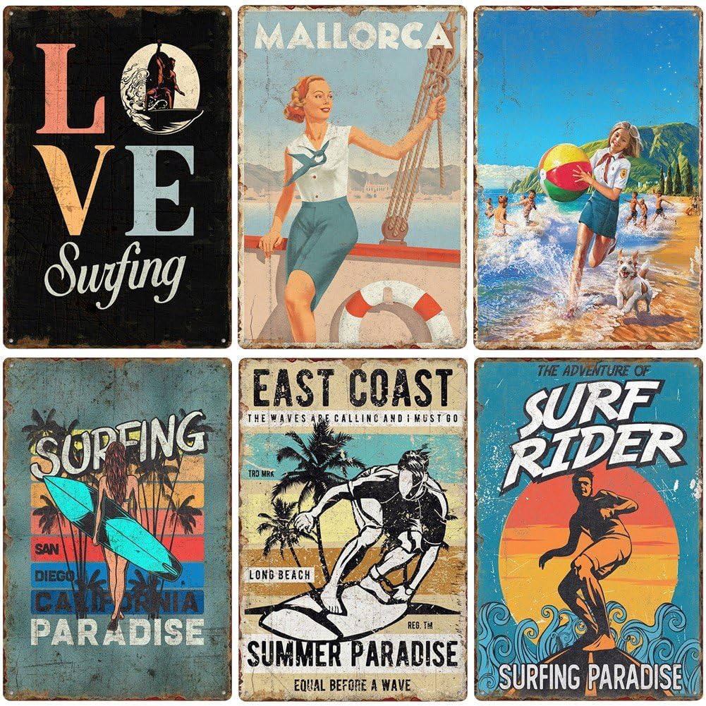 Cartel de lata vintage para surfear y playa, letreros de metal para bar, pack de 6 unidades