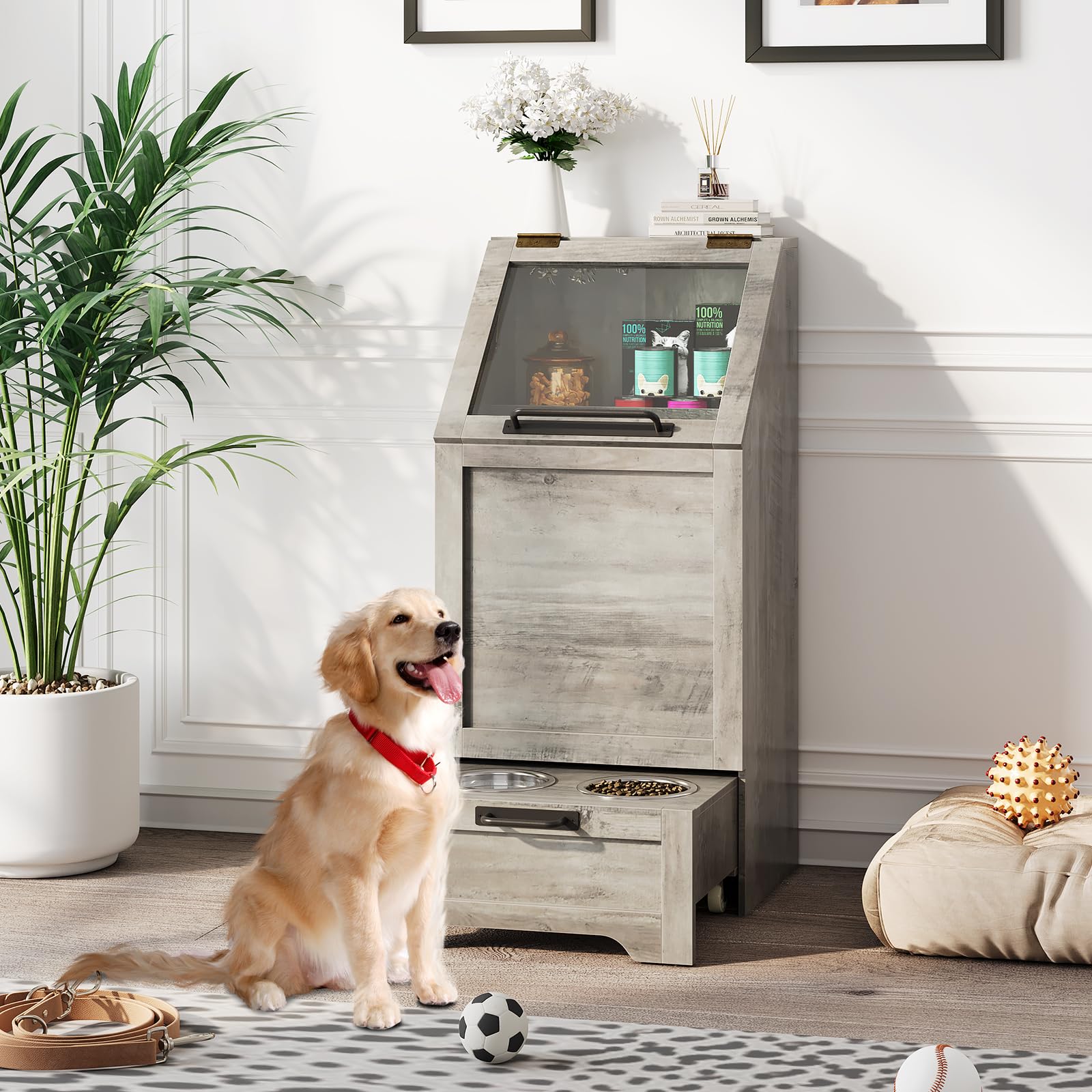 Garvee Moderna estación de alimentación para perros que ahorra espacio, armario de almacenamiento de alimentos con tapa abatible, 2 cuencos elevados, 3 ganchos para accesorios, organizador de