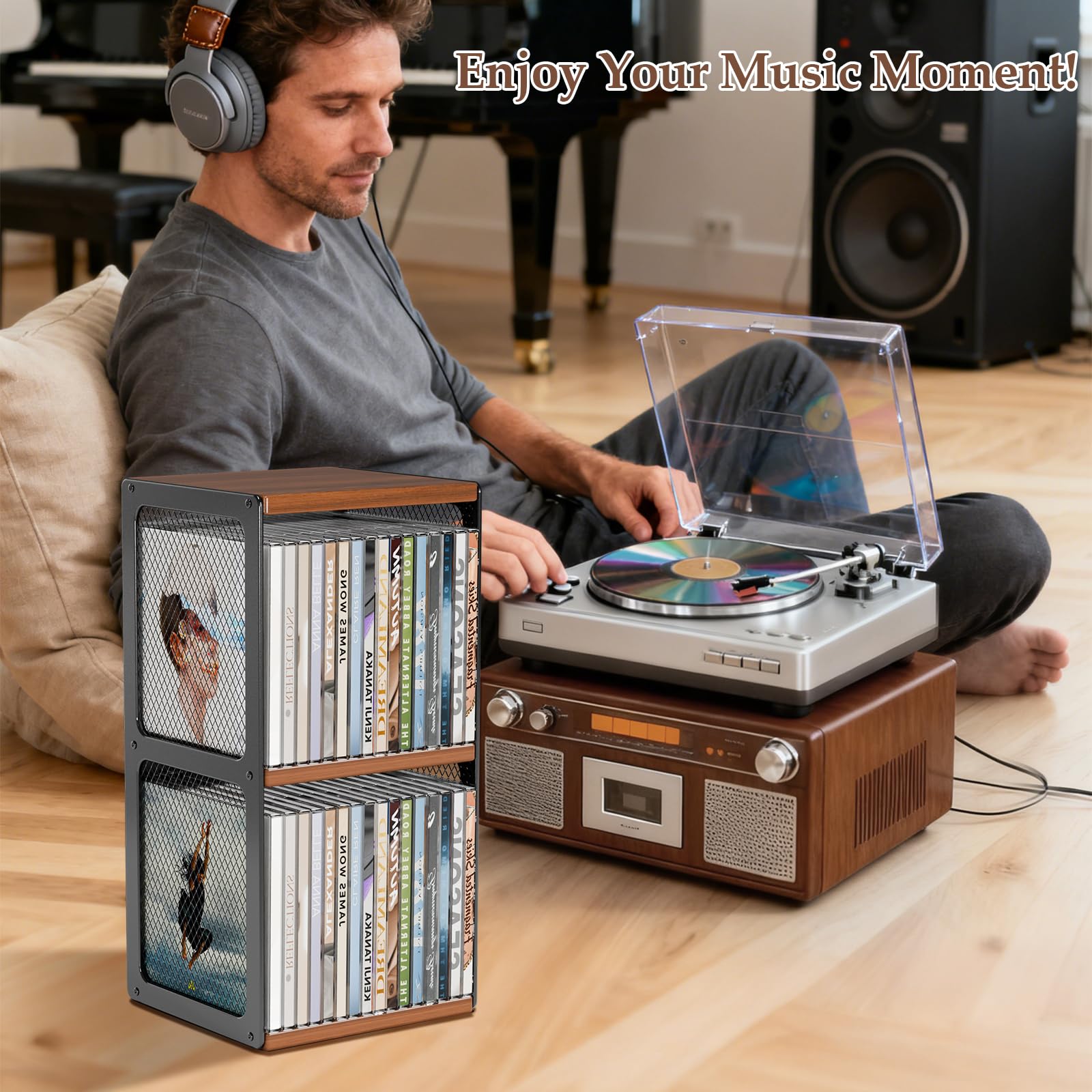 Soporte de madera para CD, CD y DVD, soporte para almacenamiento, organizador, diseño de rejilla de madera y metal