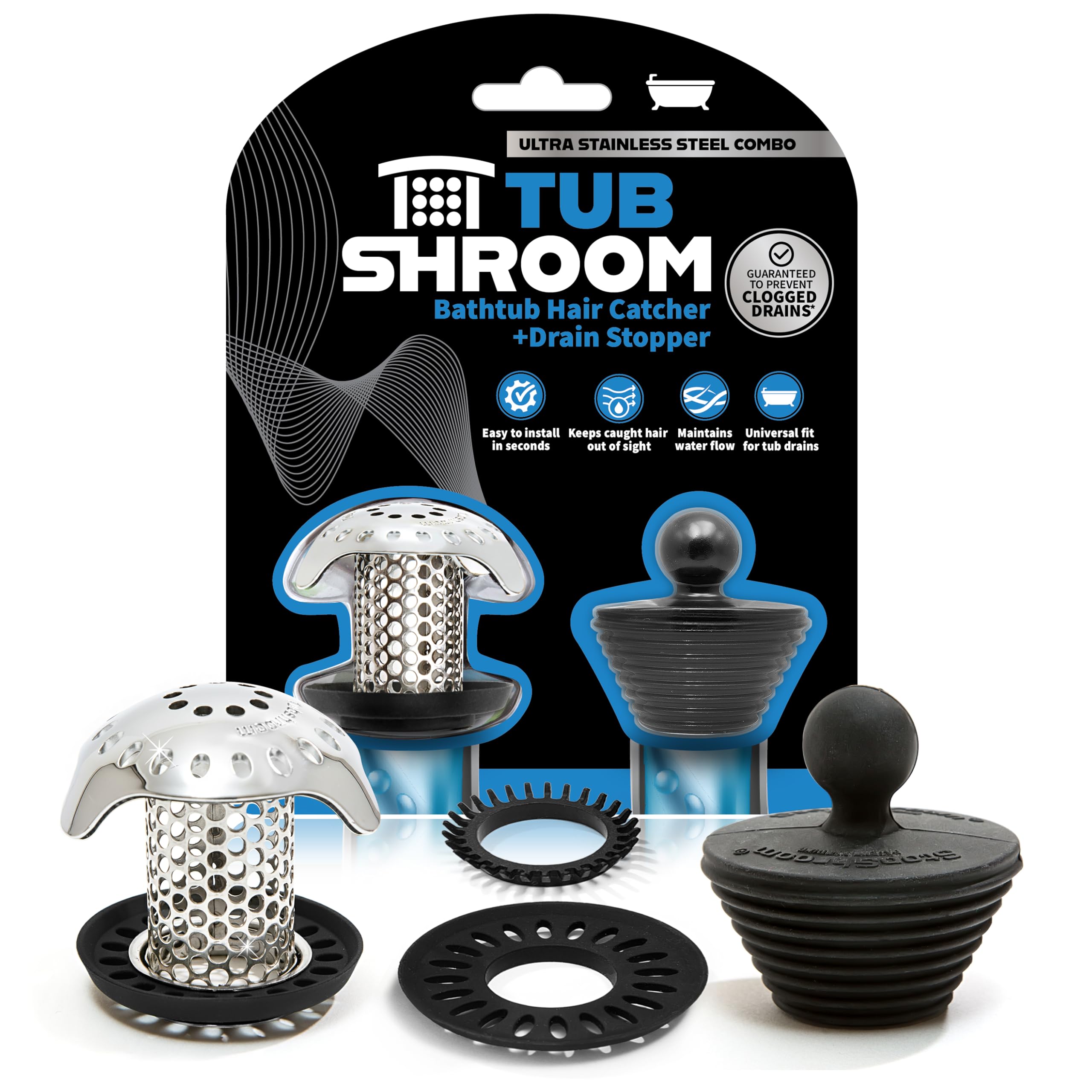 TubShroom Ultra Revolutionary Bath Tub Drain Protector Hair Catcher/Strainer/Snare, Stainless Steel, Stainless Combo