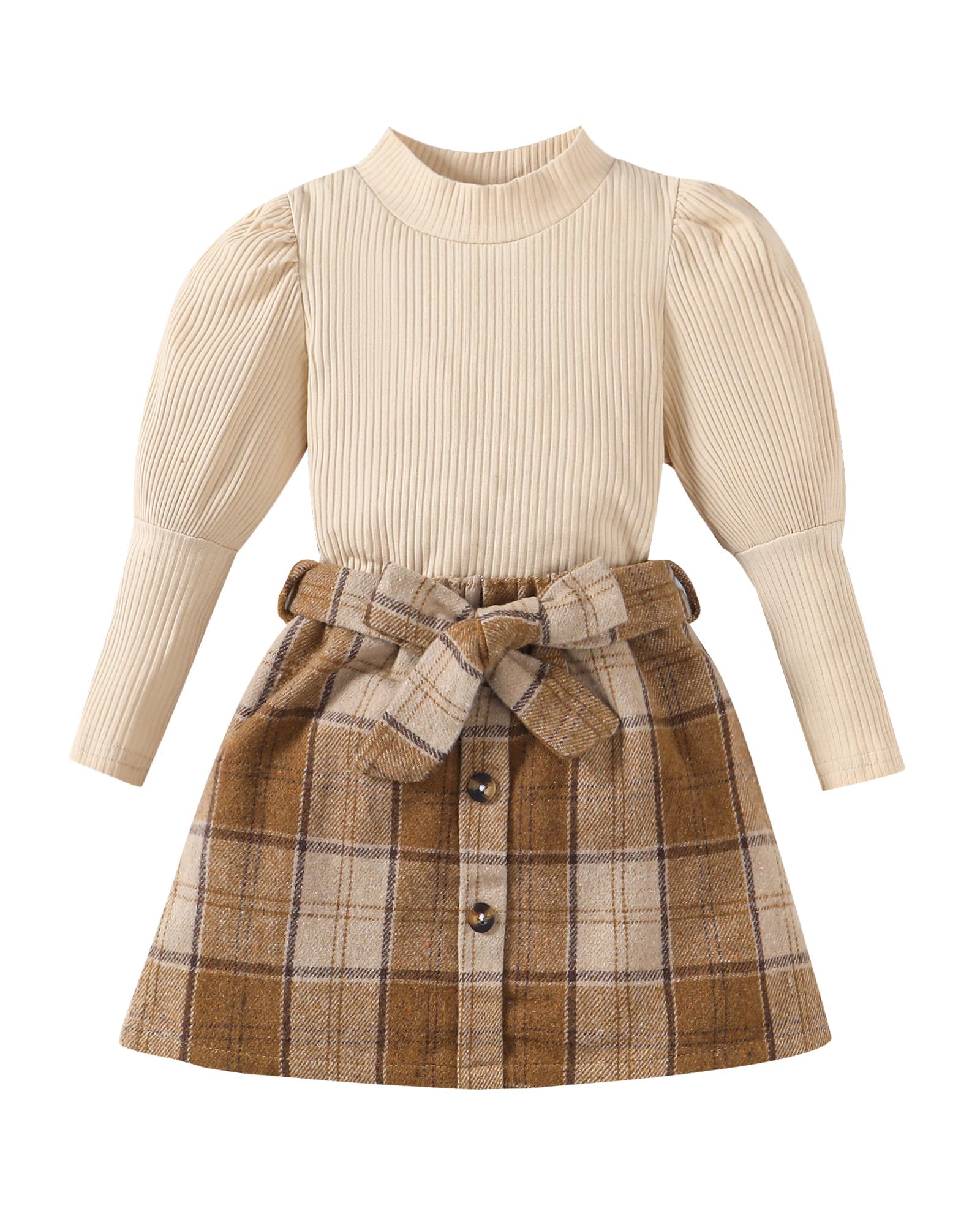 Kucnuzki Toddler Baby Girl Fall Winter Clothes Long Sleeve Ribbed Shirt Top Corduroy Mini Skirt Plaid A-line Dress Outfit