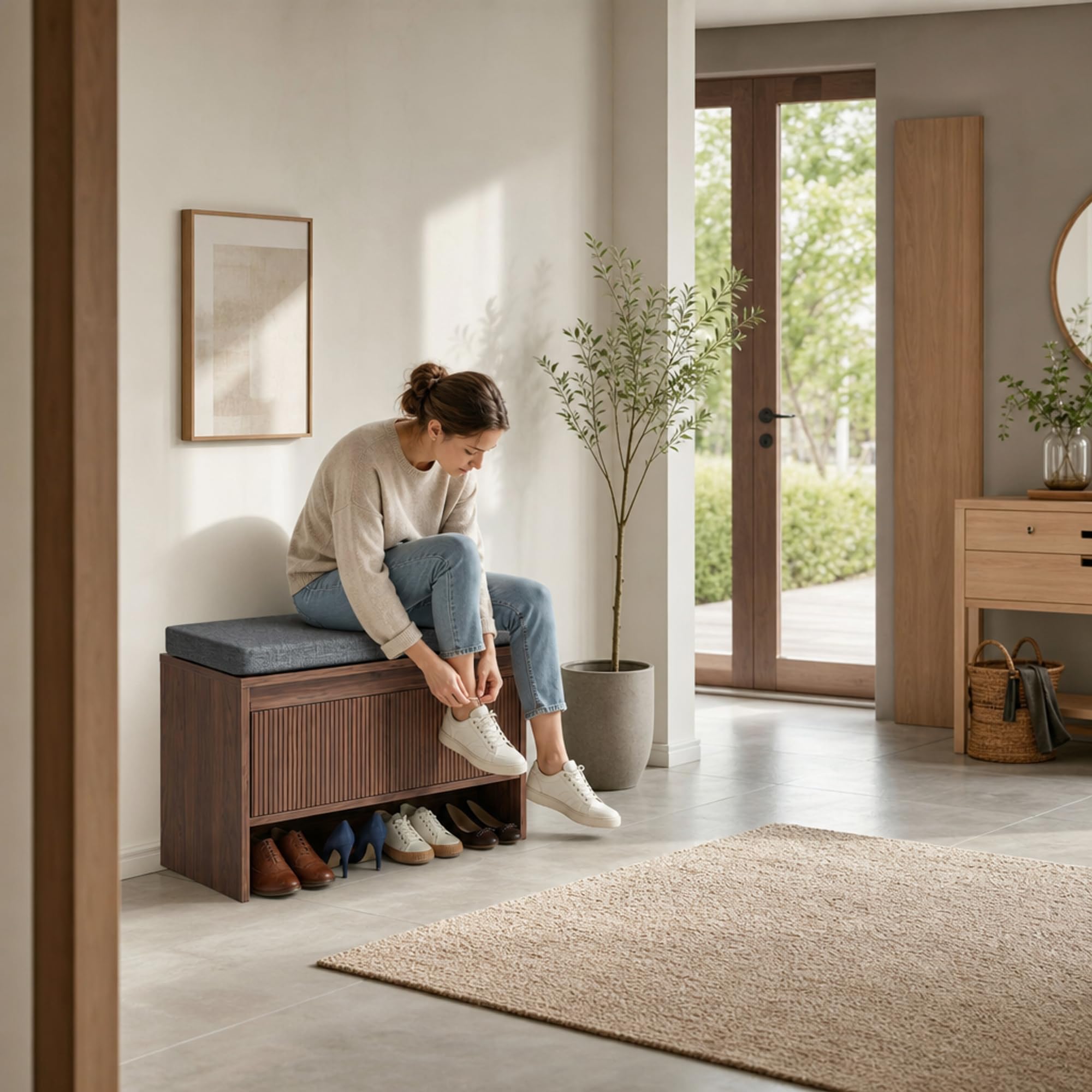 Schuhbank mit Sitzfläche und Stauraum in Walnuss Optik, Moderne Sitzbank Flur mit Lamellen Design, gepolsterte Schuhkommode mit Soft Close Türen, Elegantes Flurmöbel 65 cm