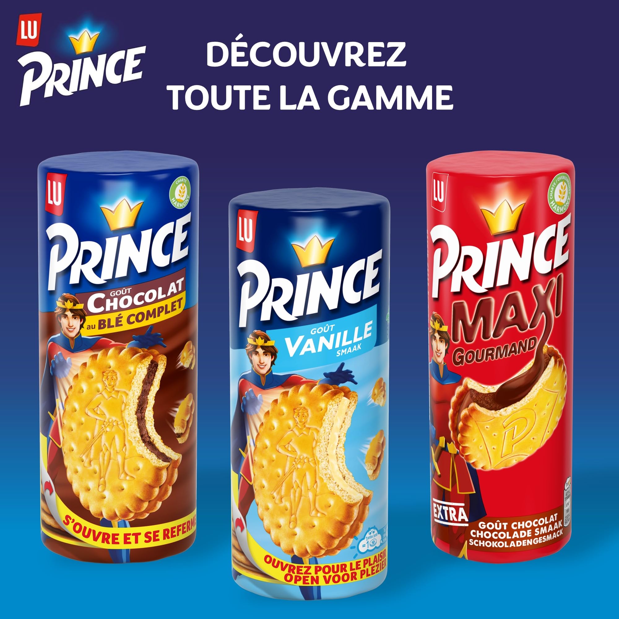 LU - Prince Maxi Gourmand - Biscuits Fourrés Goût Chocolat - Idéal Goûter, Petit Déjeuner, Snack - Lot de 12 Paquets de 250 g