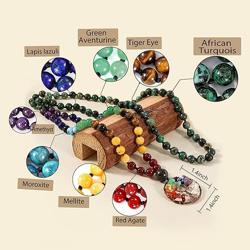 Miniatura 5 de Bivei - Pulsera de 108 cuentas de mala. Collar de piedras preciosas curativas, árbol de la vida de 7 chakras, para meditación y yoga.