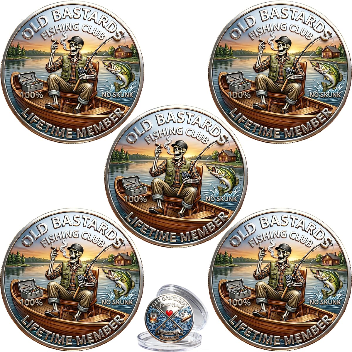The Eternal Fisherman’s Challenge Coin, Old Bastards Fishing Club No Skunk Challenge Coin, Funny Whiskey Cigar Fishing Commemorative Coin, Fishing Humor Gift for Fishermen Men Friends (5PCS)