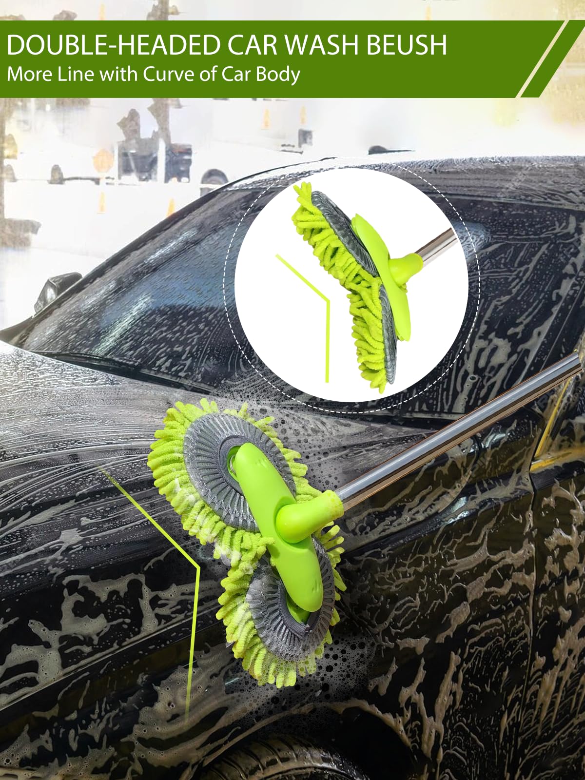 47"Dual Head Rotatable Car Wash Brush 3 Sections 120cm Chenille Soft Bristles Cleaning Detail Brush Suitable for Clean Uneven Surfaces SUV Van RV Caravan Roof Engine Hood Home Window