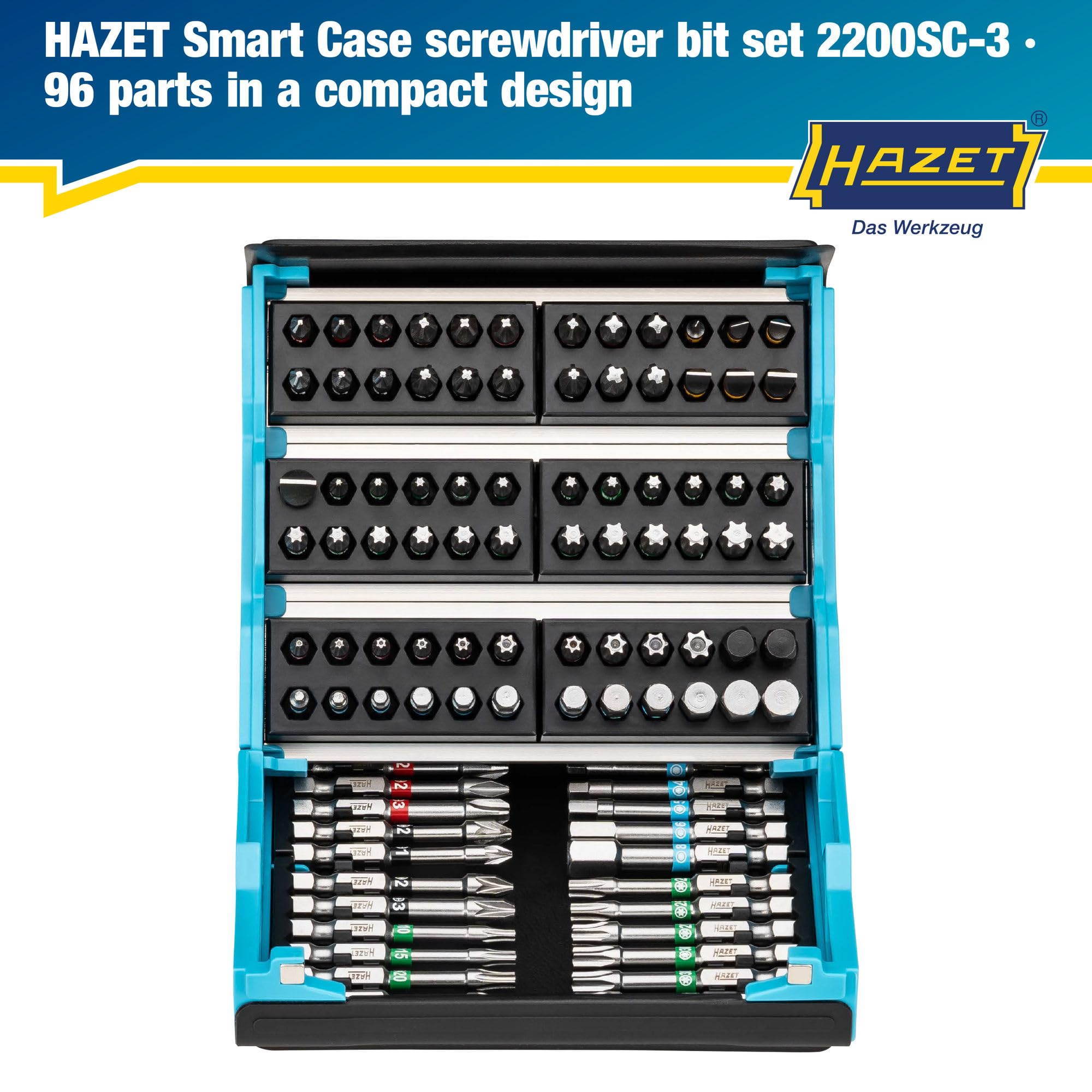 HAZET Juego de puntas Smartcase 2200SC-3 I 96 piezas, accionamiento: hexagonal 6,3 (1/4 pulg.) muchas herramientas en el mínimo espacio para la mejor visión de conjunto