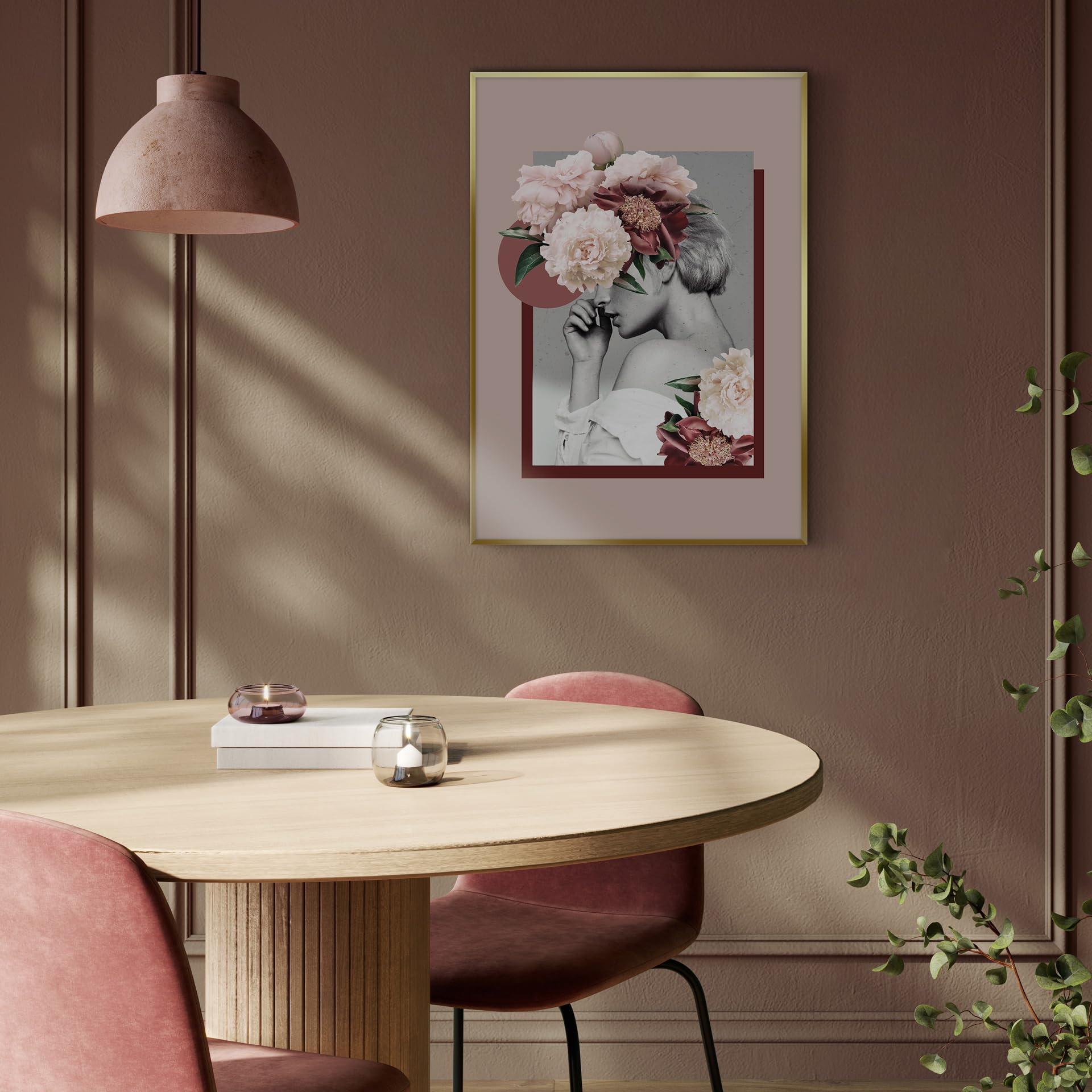 STYLER Tableau encadré B & W Girl 50 x 70 cm I Artbox Cadre doré femme fleurs rose moderne bouquet noir et blanc Décoration murale pour salon chambre à coucher Décoration murale avec