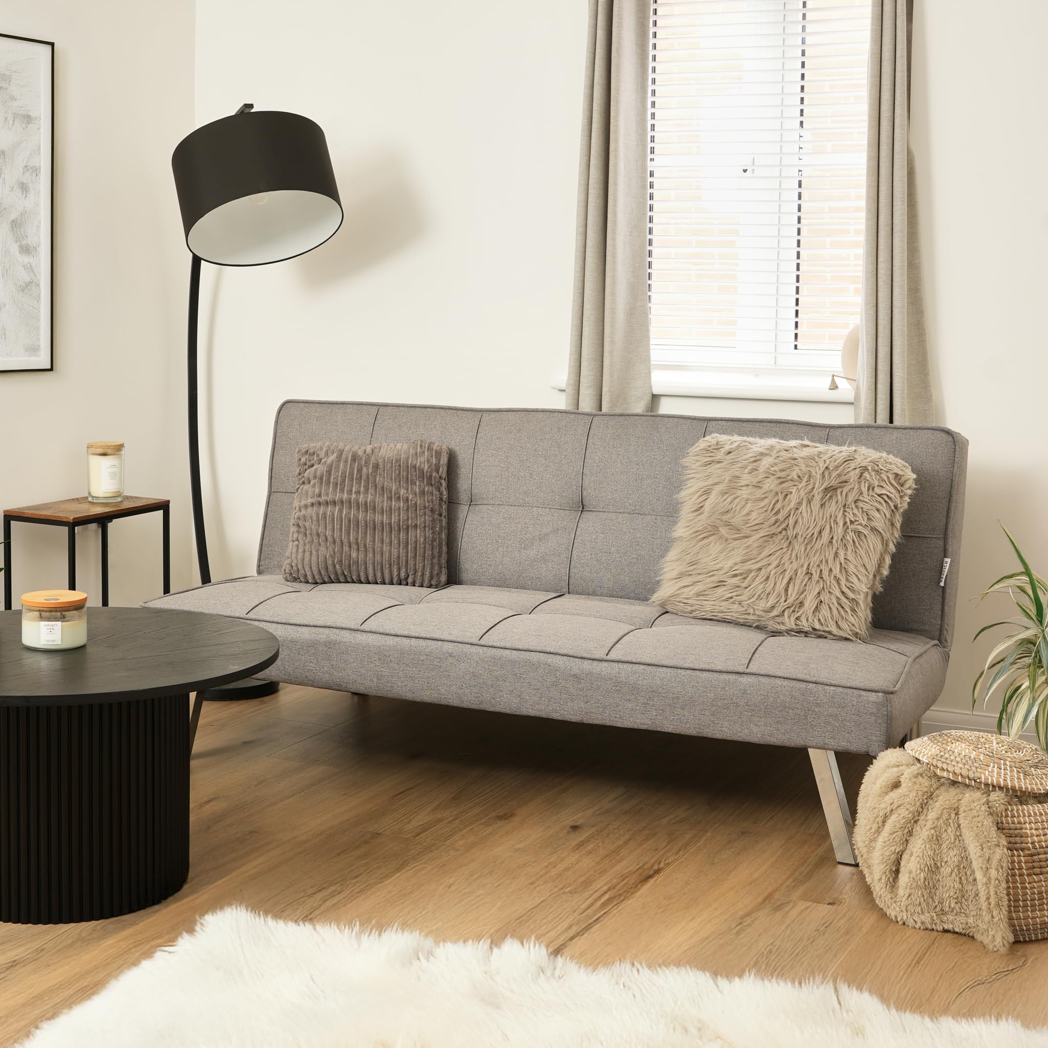 Bravich Britney Three Seater Sofa Bed - Grey. Linen Fabric Click Clack Sofa Bed, Folding Couch To Double Bed. Sofa Beds For Space Saving Furniture, For Living Room, Bedroom & Guest Room.