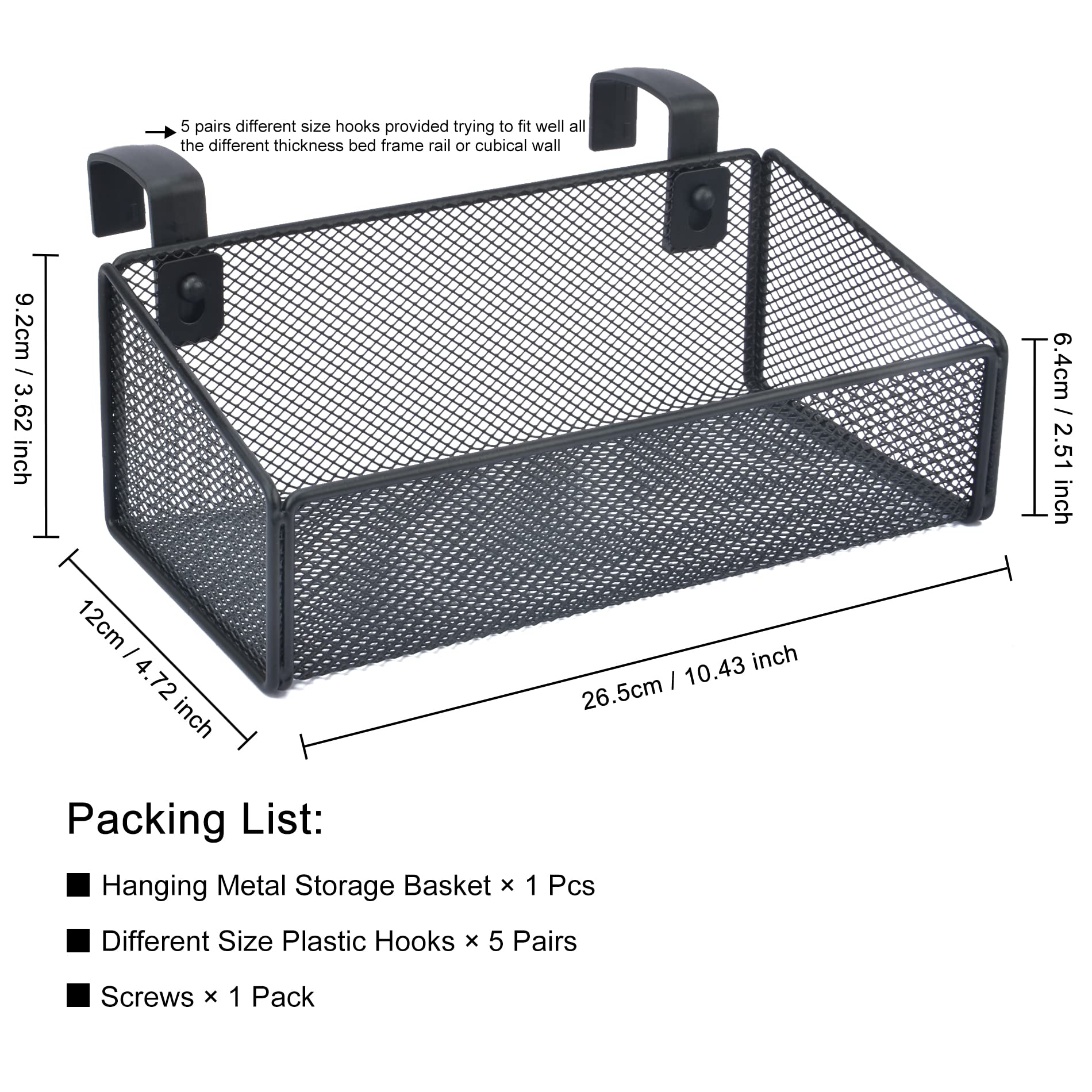 MATIMASU Bedside Caddy Hanging Storage Basket Beside Shelf Metal Organizer for Collage Dorm Bunk Bed,Hospital Bed,Baby Bed - Bedroom Essentials for Magazine,Remote Control,Phone,Drinks (Black)