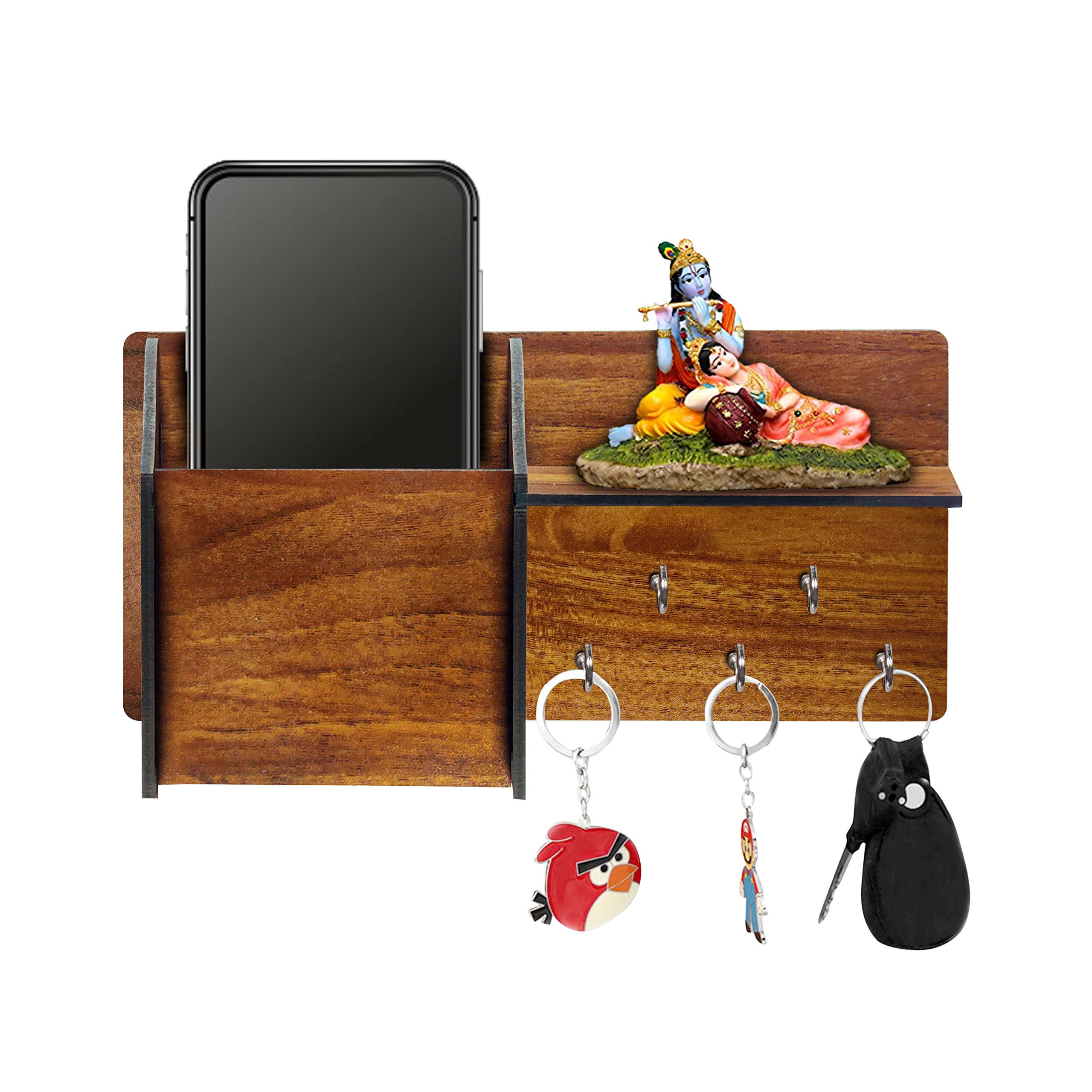 Freny Exim Wooden Key Holder Mobile Charger Holder and Face Mask Hanging with 5 Hook - Beige 002