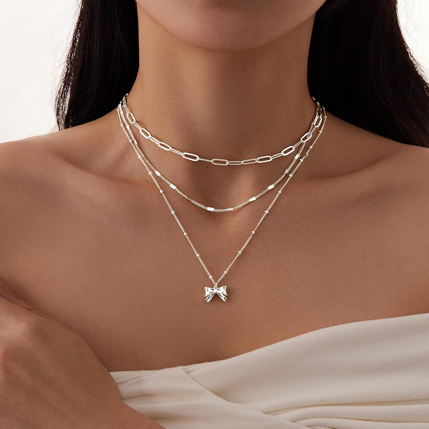 Layered Gold Necklaces for Women, Stackable Dainty 14K Gold Silver Plated Trendy Simple Heart Diamond Cross Bow Circle Pendant Paperclip Choker Dot Chain Necklace,Jewelry Set Gifts for Women - Image 4