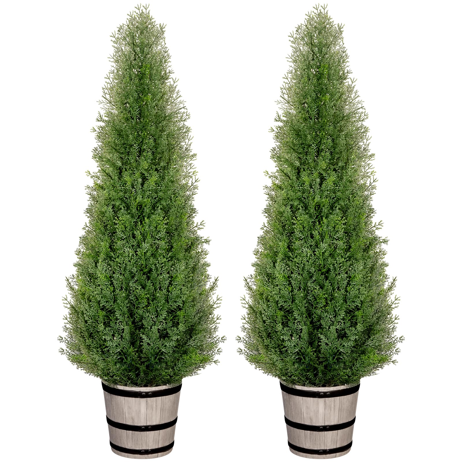 VIVATREES 4 ft Artificial Cedar Topiary Trees with Rustic Barrel Planter