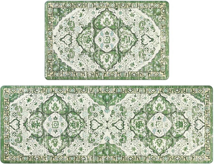 Ileading Kitchen Anti Fatigue Mat Set of 2 Non Skid Waterproof Kitchen Floor Mat Vintage Cushioned Comfort Standing Mat Boho Kitchen Rug Runner for Kitchen Sink Laundry, 17"x47"+17"x28", Green