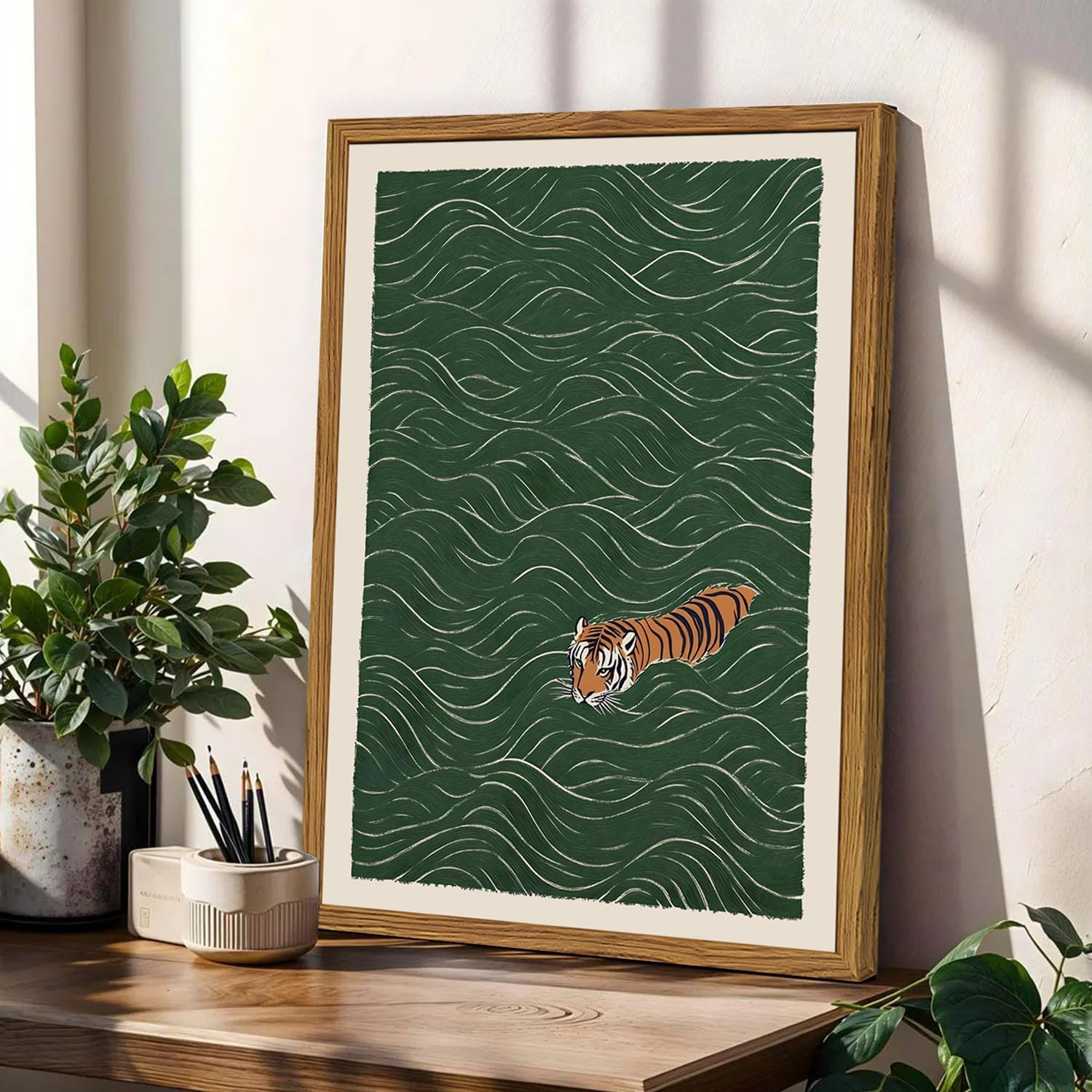 Framed Japanese Tiger Wall Art, Vintage Tiger Swimming Pictures Wall Decor, Funny Wild Animal Paintings Canvas Prints Eclectic Home Decor for Living Room Bedroom Bathroom 12x16 inch