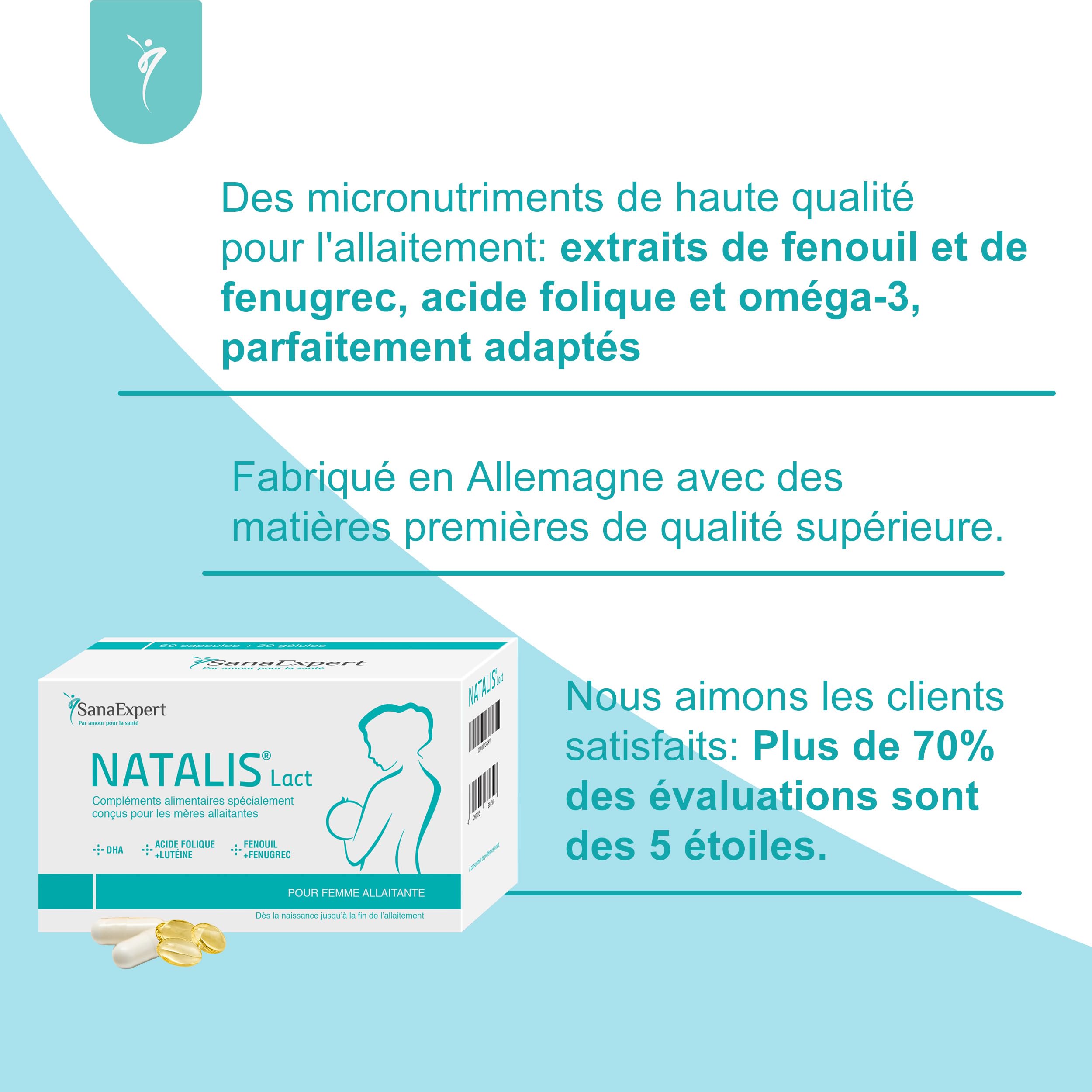 SanaExpert Natalis Lact Complément Allaitement et Post Partum, Vitamines avec Acide Folique, DHA Oméga 3, Fenouil, Fenugrec, Biotine, Vitamines D, A, B et Minéraux pour Lactation, 90 Capsules