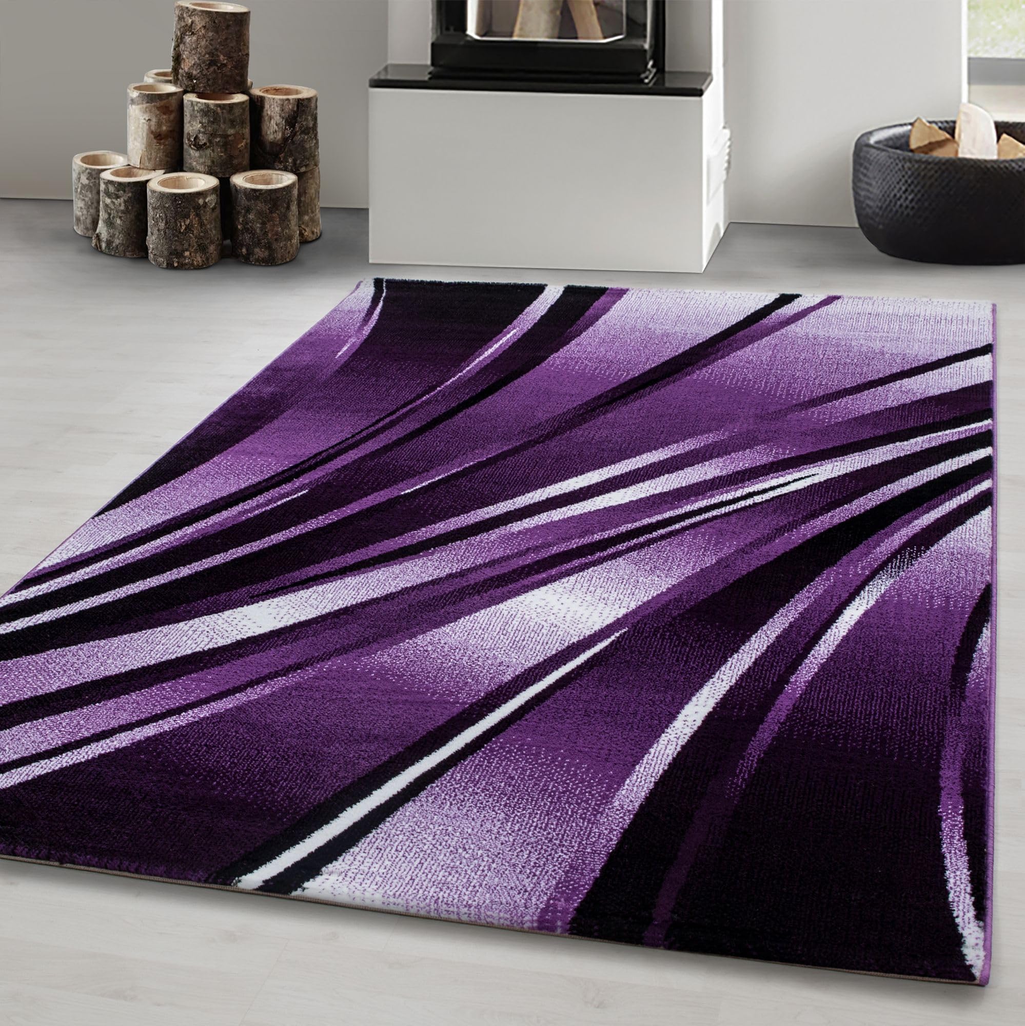 Laagpolig vloerkleed, Kleur Lila, Ontwerp met abstracte golven, 3701, Vloerkleed Rechthoekig, Vloerkleed woonkamer-eetkamer, 80 x 150 cm