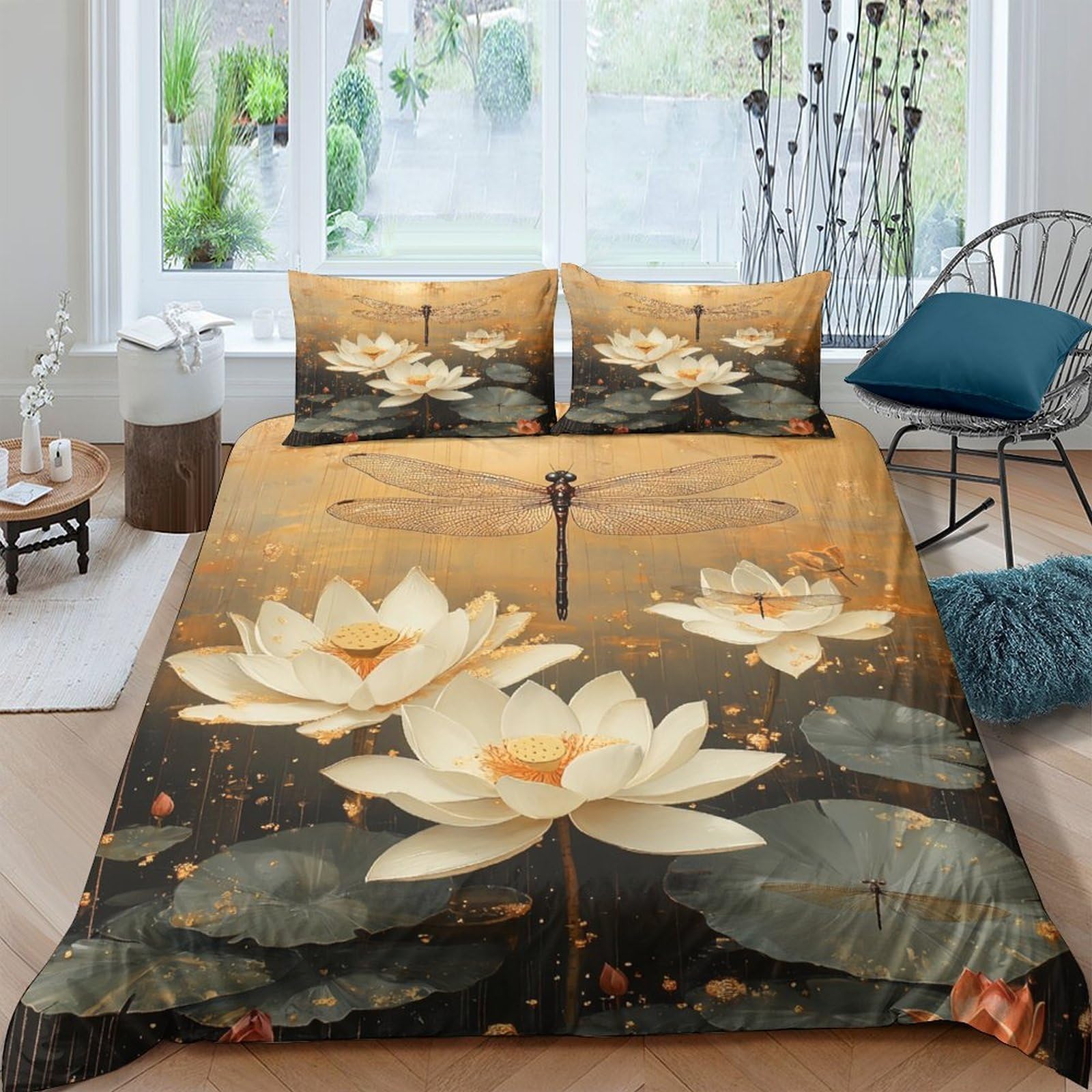 Ctjqhvkz Style-10 3D Printed Lotus Pond Fitted Sheet Microfiber Soft Breathable Dragonfly Bed Cover For Bedroom Guest Room Decor Single（135X200cm）