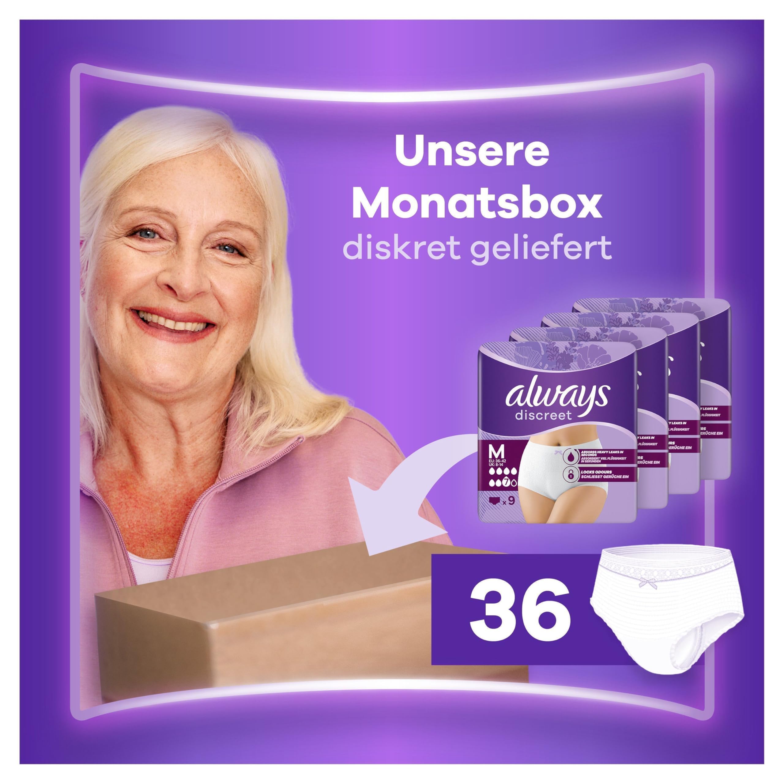 Always Discreet Inkontinenz-Höschen Plus für Frauen, M, 36 Höschen, Verhindert Auslaufen Und Gerüche, Angenehm Und Kaum Spürbar
