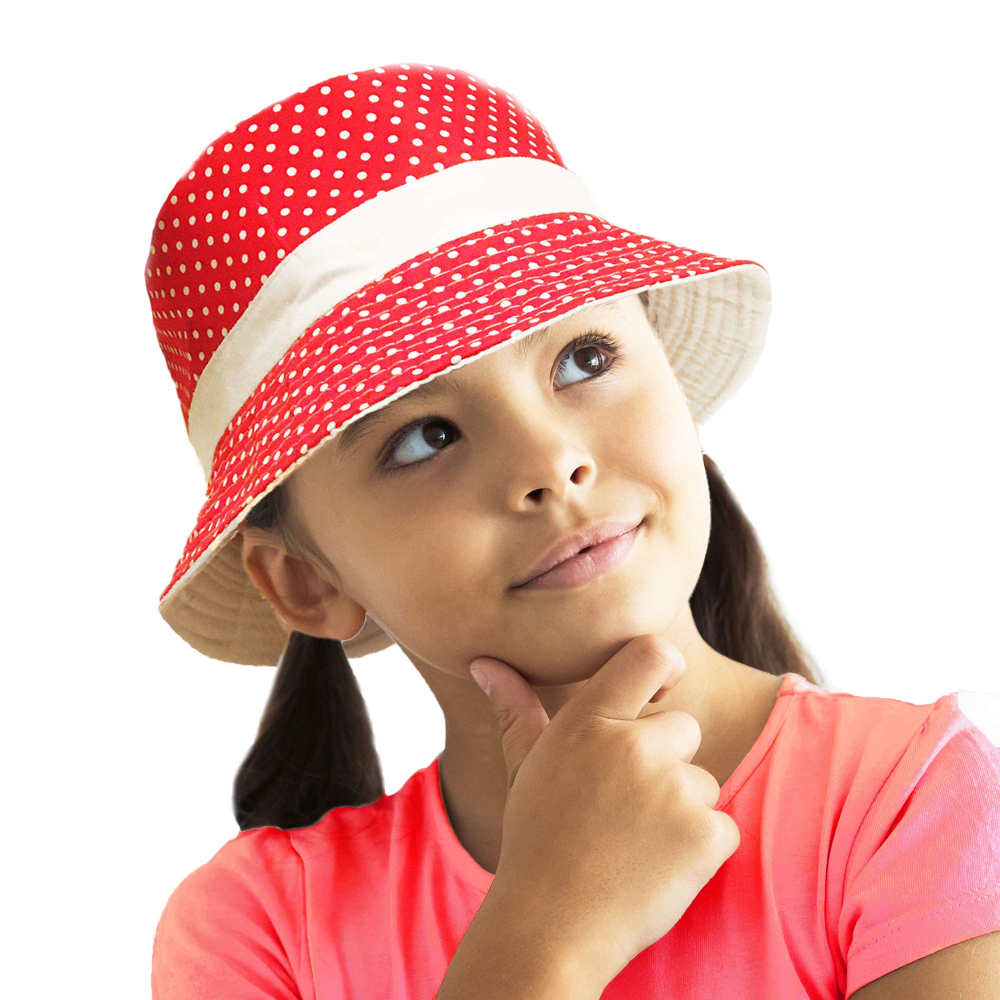 TOSKATOK UPF 50+ Girl's Reversible Cotton Polka Dot Bush Bucket Sun Hat-RED-54