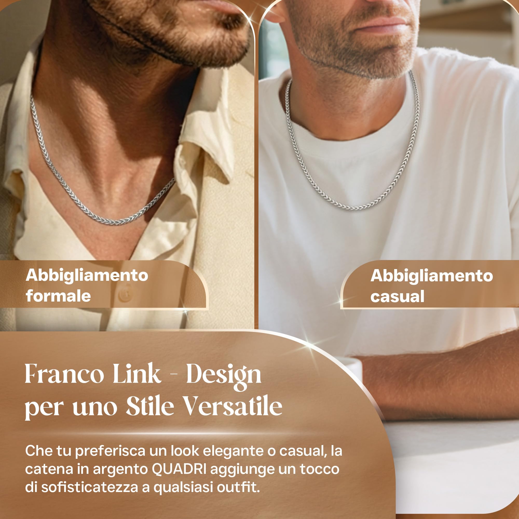 QUADRI Catena in Argento 925 per Uomo e Donna | Collana a maglie Franco di fabbricazione italiana | Catena in Argento per Uomo e Donna | Finitura SILVER PLUS antiossidante | 51–56–61 cm