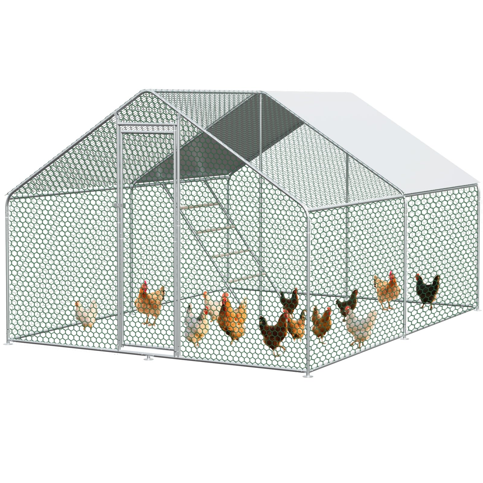 Hühnerstall mit Leiter, 3 x 4 x 2 Meter, Verzinkter Stahl, Freilaufgehege Tiergehege für Hühner Hasen, Kleintiergehege mit Obere Stützstange, Sonnenschutzdach und Tür für Hühner Ente Kleintiere