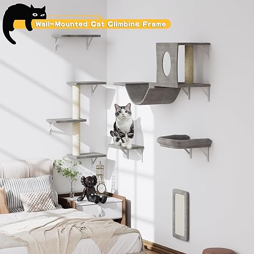 Miniatura 3 de Muebles para gatos montados en la pared, 6 muebles de pared para gatos, escalador de gatos con casa de gato, puente, árbol, escalones y rascador,