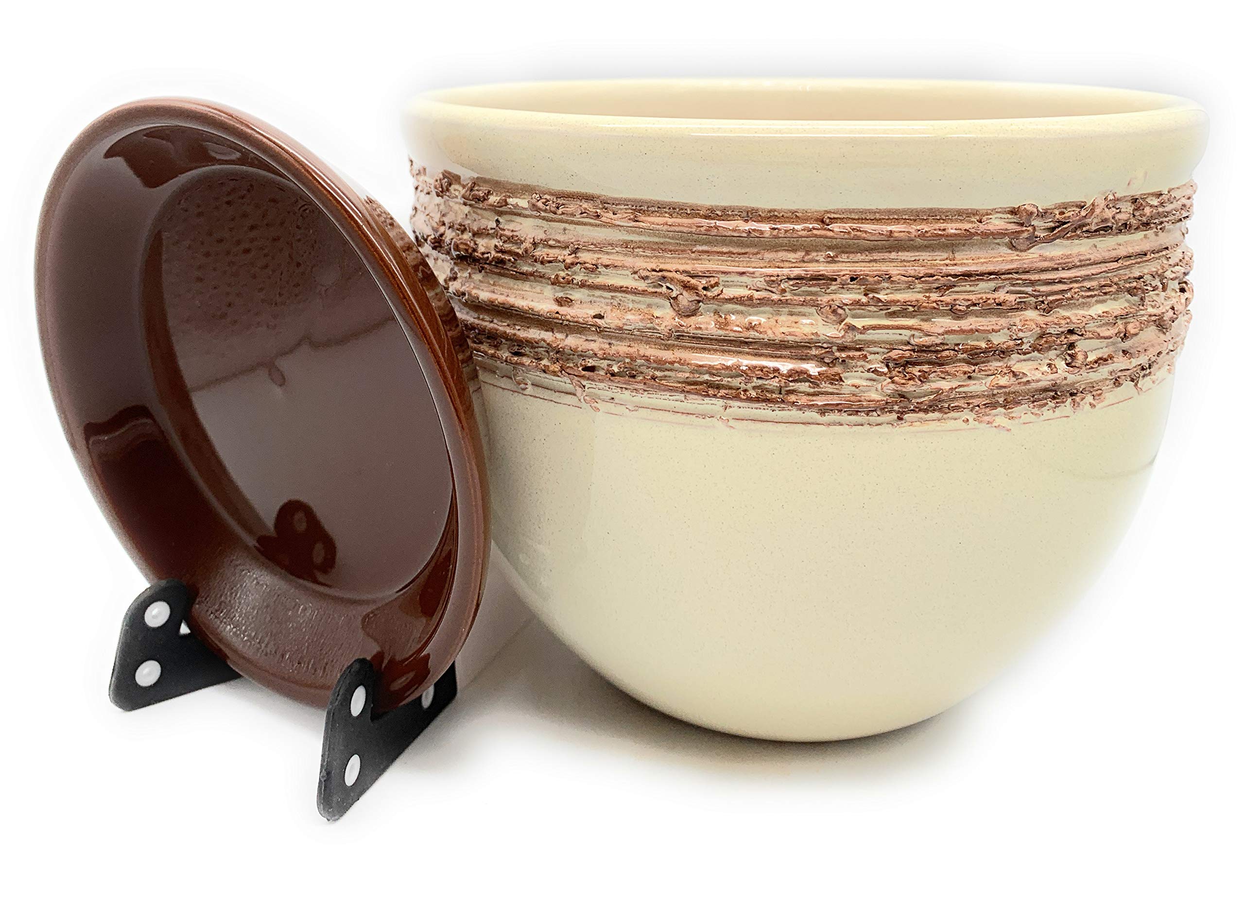 Sun Cakes Glazed Terracotta Flower Pot with Saucer Round Planter with Drip Tray Plant Pot Clay Coloured Flower Pot Antique Stripe (16cm x 12cm, Ivory-Brown) — image 1