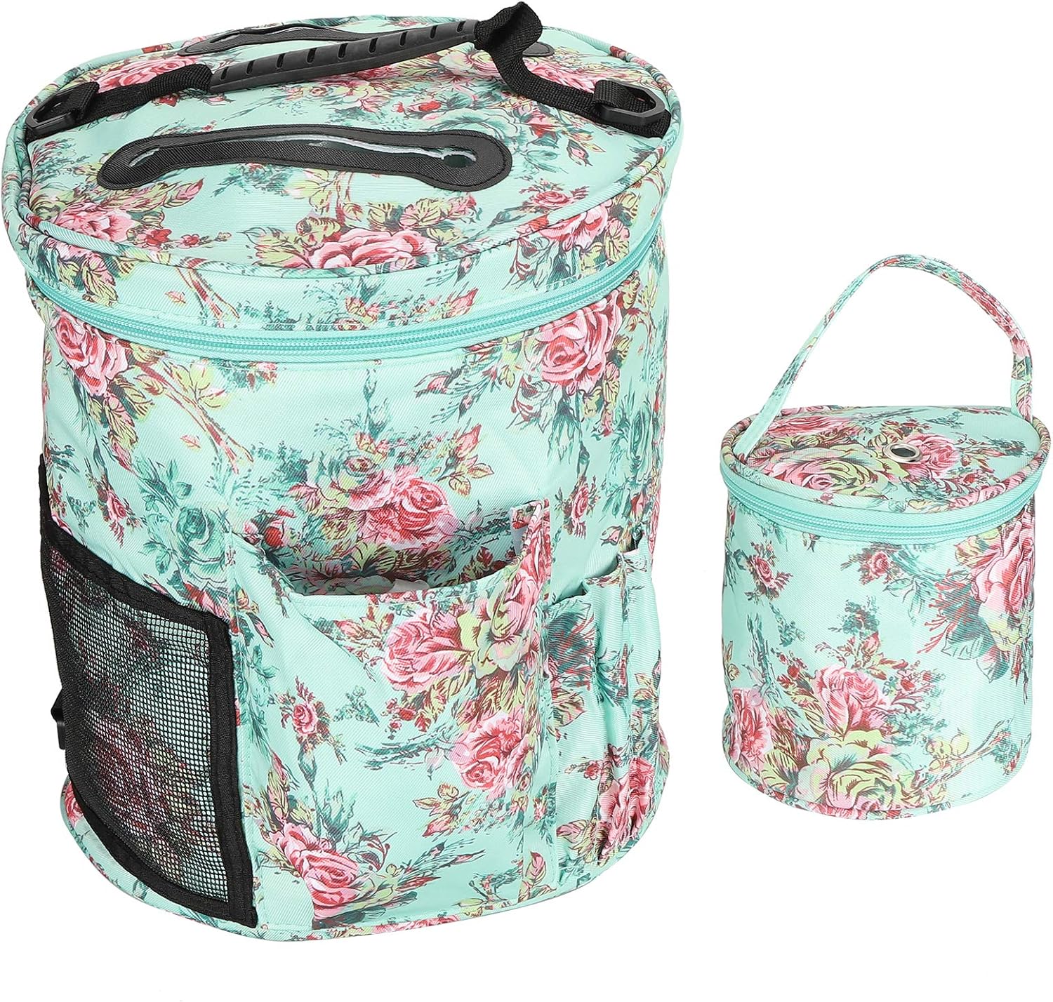 Pssopp 2Pcs Portable Woolen Yarn Storage Bag Knitting Bag, Yarn Storage Round Tote Bag, 600D Oxford Cloth Printing Multi-Pocket Hand Strap(Green Peony)