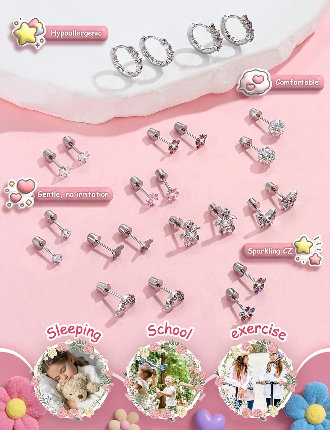 FIASASO Hypoallergenic Surgical Stainless Steel Earrings for Girls Kids Women - 12 Pair Screw Back Earrings for Sensitive Ears Cute Flower Butterfly Toddler Stud Hoop Earrings Screwback Girl Earrings - Image 3
