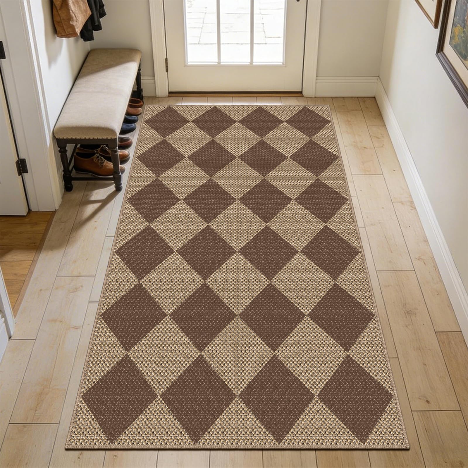 Capslpad Teppich Läufer Flur 80x150cm, Raute Jute Aussehen Küchenteppich Natürlich Waschbar Outdoor Teppich Braun rutschfest Küchenläufer für Flur, Küche, Schlafzimmer, Balkon, Terrasse