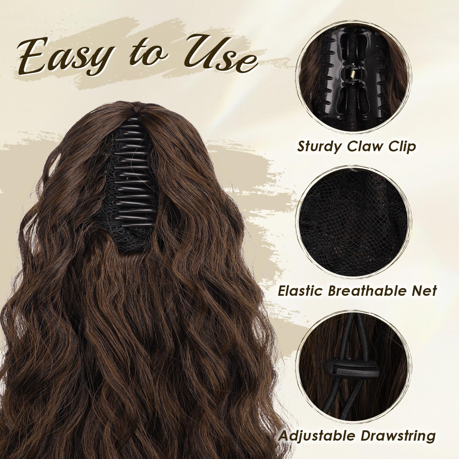 FESHFEN Claw Clip Ponytail Extensions, Long Pony Tail Hair Piece Wavy Curly Synthetic Hairpieces for Women Black to Auburn 26 inch - Image 3