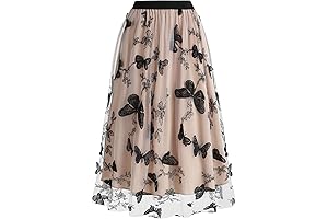 Butterfly Skirt: Women's Mesh Overlay High Waist Casual Formal Flare Midi Skirt