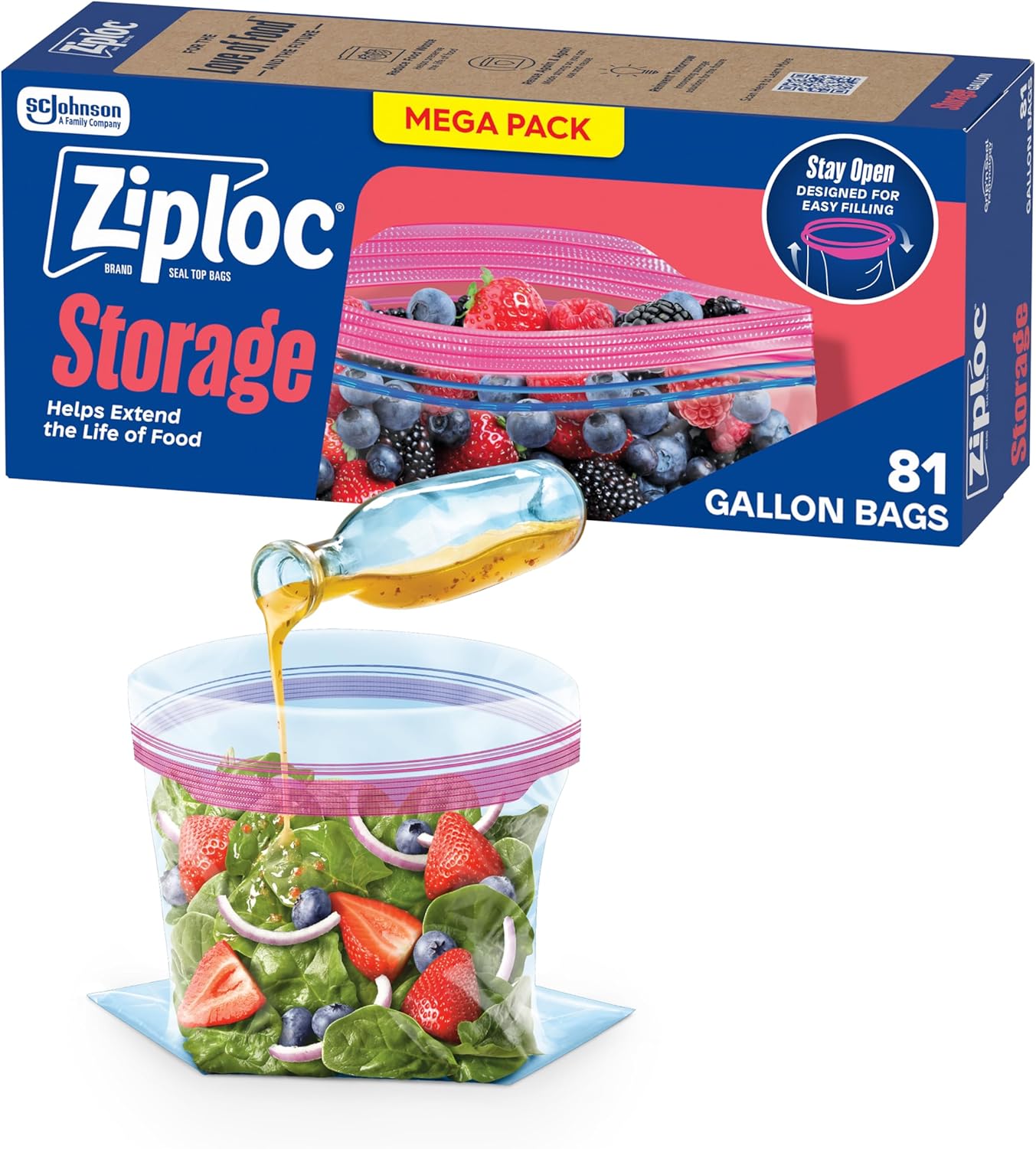 Ziploc Gallon Food Storage Bags, Stand-Up Bottom, Easy to Fill, 81 Count (Packaging May Vary)