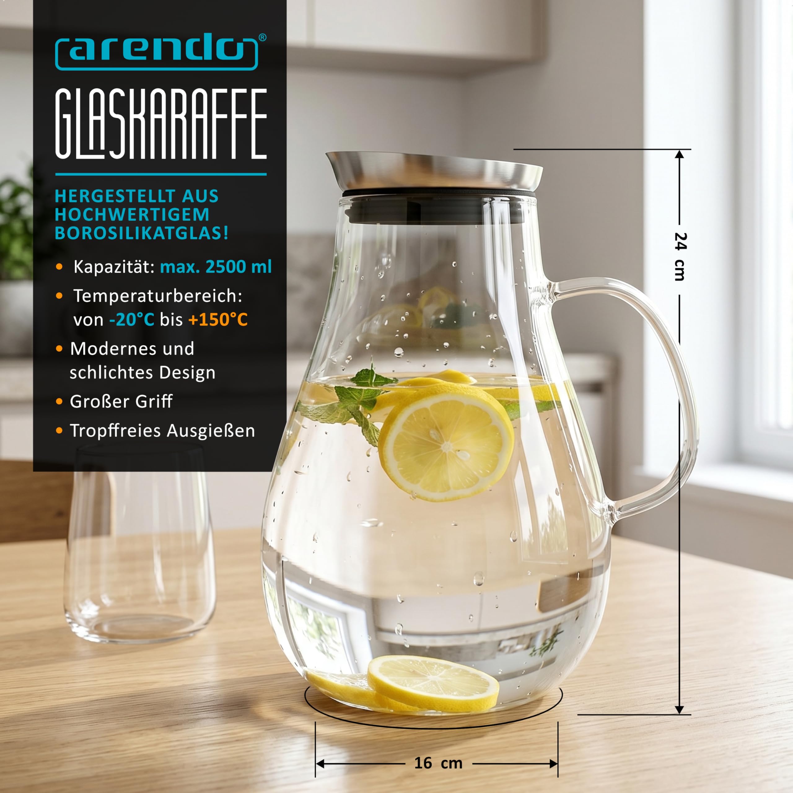 Arendo - Glaskaraffe 2500 ml, Karaffe aus Glas mit Deckel 2,5 L, Wasserkaraffe mit Edelstahldeckel und integriertem Grobfilter, Borosilikatglas, Haltegriff, Temperaturbereich –20 °C bis +150 °C