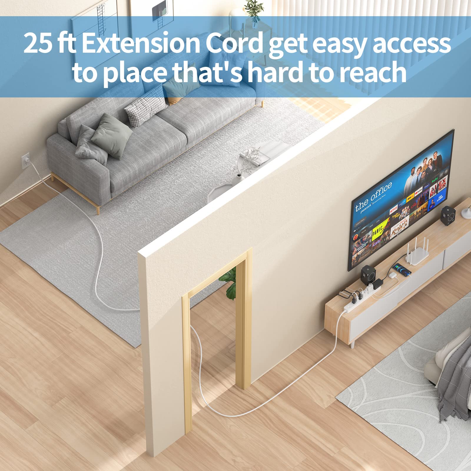 25 ft Extension Cord, NTONPOWER Long Surge Protector, 15A Heavy Duty ...