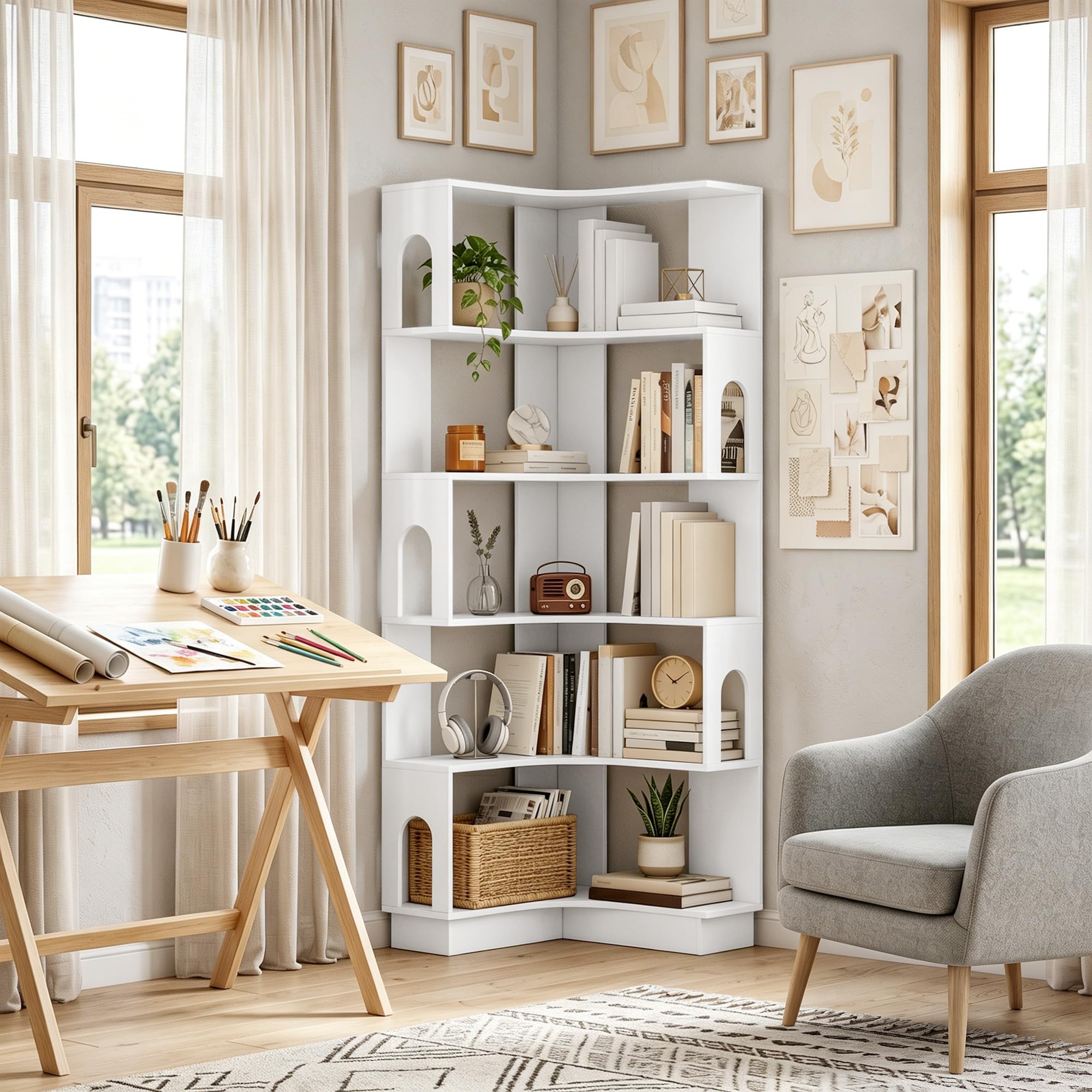 HOMCOM Bibliothèque d'angle, étagère de Rangement à 6 Niveaux avec Panneaux latéraux arqués, Style Moderne, Meuble de Rangement pour Bureau, Salon, Chambre, 60 x 60 x 165,5 cm, Blanc